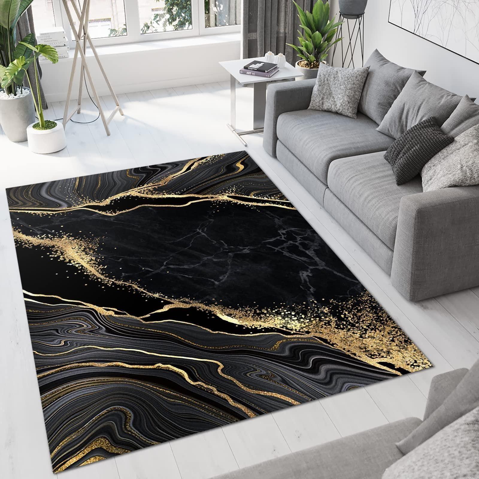 CALLNA Luxury Black Gold Marble Area Rug, Abstract Gilt Textured Line Art Machine Washable Large Rugs, with Anti-Slip Easy Clean Carpet for Living Room Bedroom Kitchen Dining Room Home Office-4' x 5'
