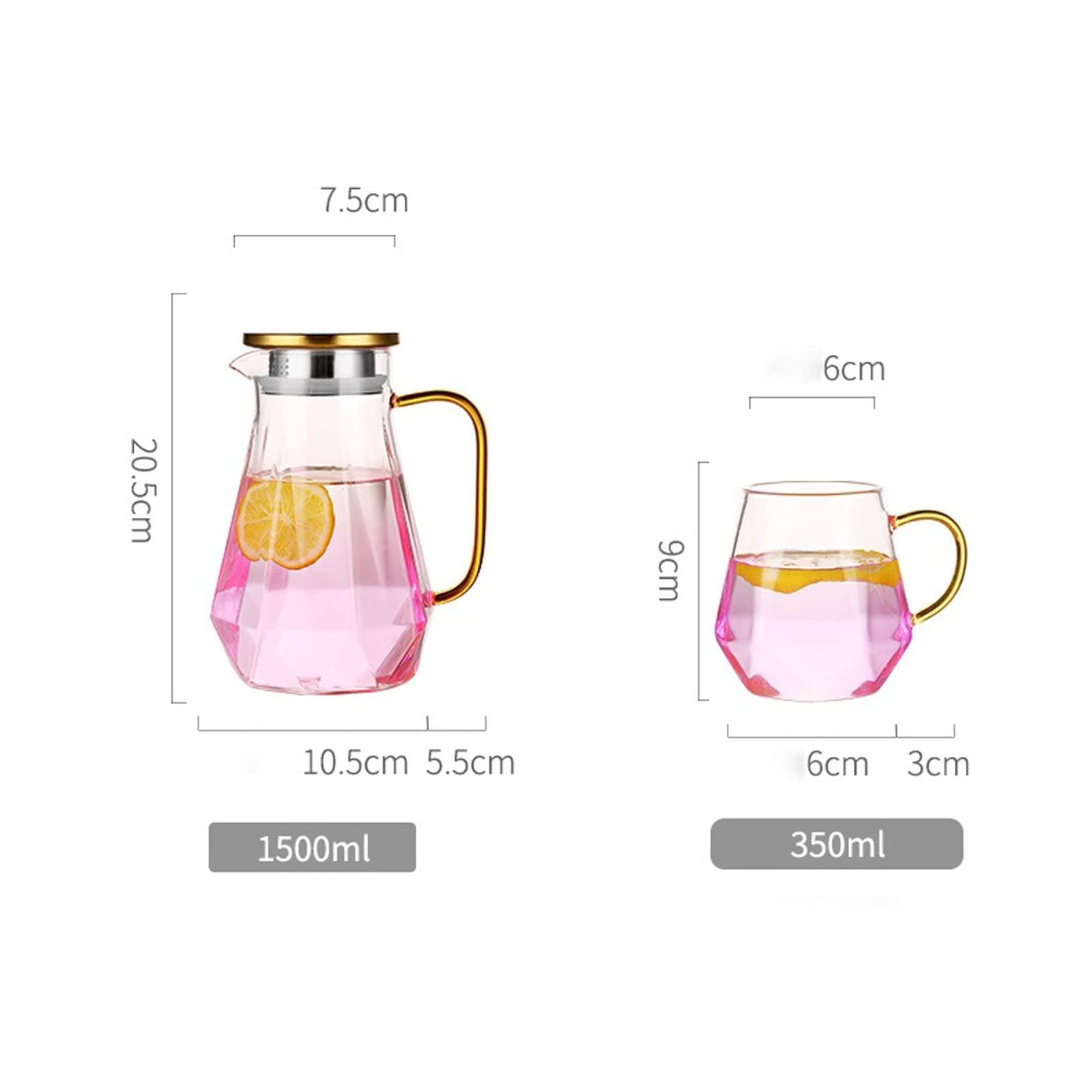 FACMAS Pitchers Beverage Pitchers Creative Glass Water Kettle Set Brings Mug Tray 1500ml Pink Clear Pitcher Flower Fruit Tea Set Afternoon Teatime Drinkware for Juice Milk Cold or Hot Beverages (Color : A)