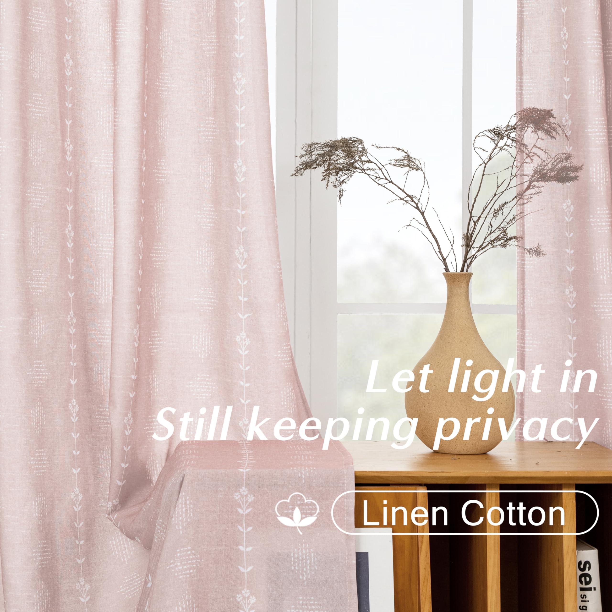 Lino Rosa Pink Curtains 2 Panels,Sheer Floral Linen Boho Blush Curtains for Bedroom Living Room 84 Inches Long