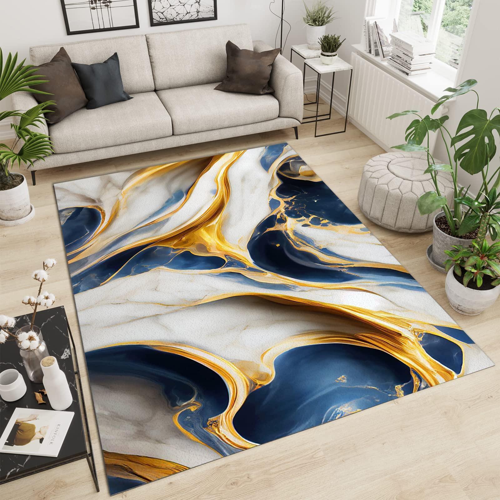 FAUSKE FAUSKE Abstract Blue Gold White Marble Area Rugs, Marble Liquid Art Home Rugs, Non-Slip Mat Soft and Easy to Clean for Kids Teen Girls Boys Bedroom Living Room Pet Farmhouse 4x6ft