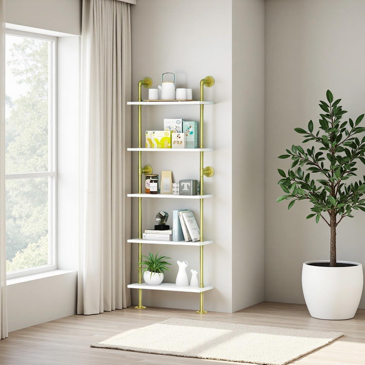 HEONITURE HEONITURE 5 Shelf Modern Gold Bookshelf, Wall Mount White Bookcase, Ladder Shelf with Metal Frame, Display Shelf Shelves for Living Room/Home/Office