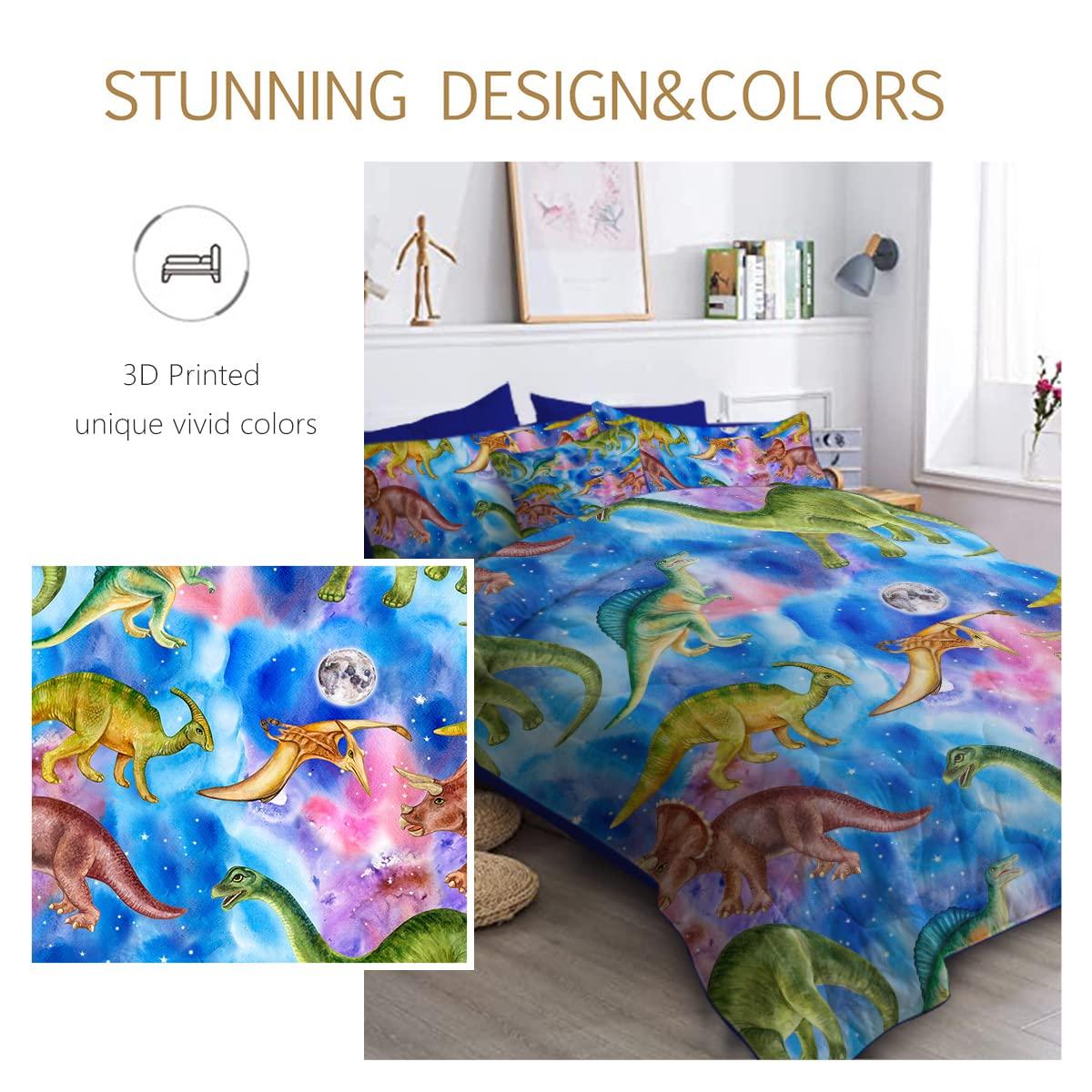 BlessLiving BlessLiving Dinosaur Queen Bedding Sets for Boys - Blue Space Bedding, 8 Piece Bed in a Bag, Kids Comforter Sets with Sheets (Queen)