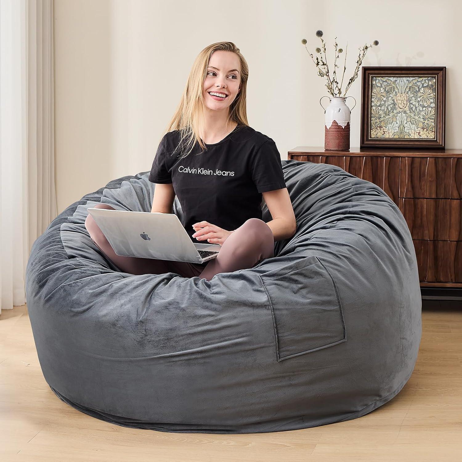 HYTRDFS HYTRDFS Bean Bag Chair, Large Bean Bag Chairs for Adults/Kids with Memory Foam Filled, Removable PV Velvet Cover, Round Bean Bag Couch for Living Room Bedroom College Dorm (7ft,Grey)