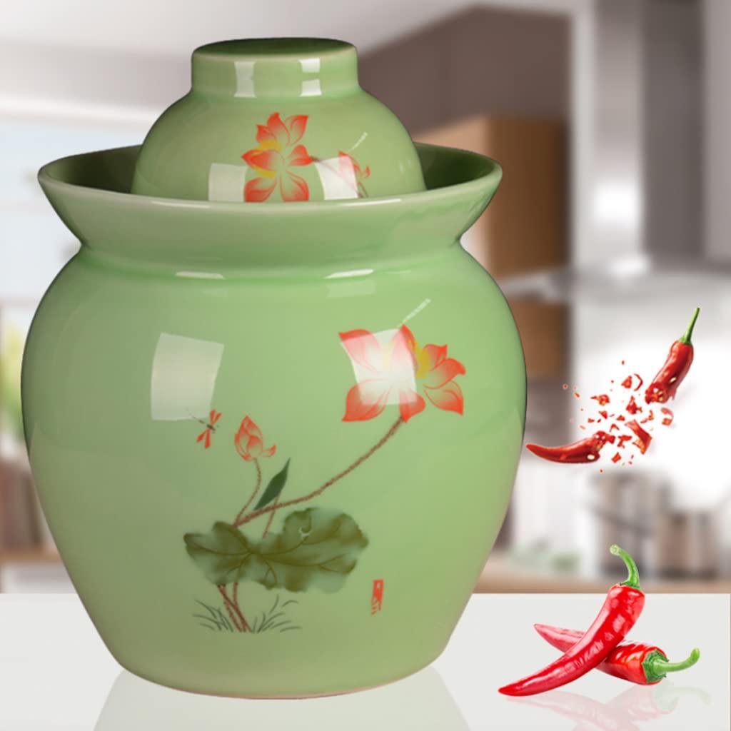 ZHOUXIAO ZHOUXIAO Traditional Ceramic Pickle Jar Fermentation Crock Jar, Lotus Pattern Chinese Pickle Jar,Fermenting Tank with Water Seal Airlock Lid Stoneware Fermenter for Sauerkrau 3.5KG