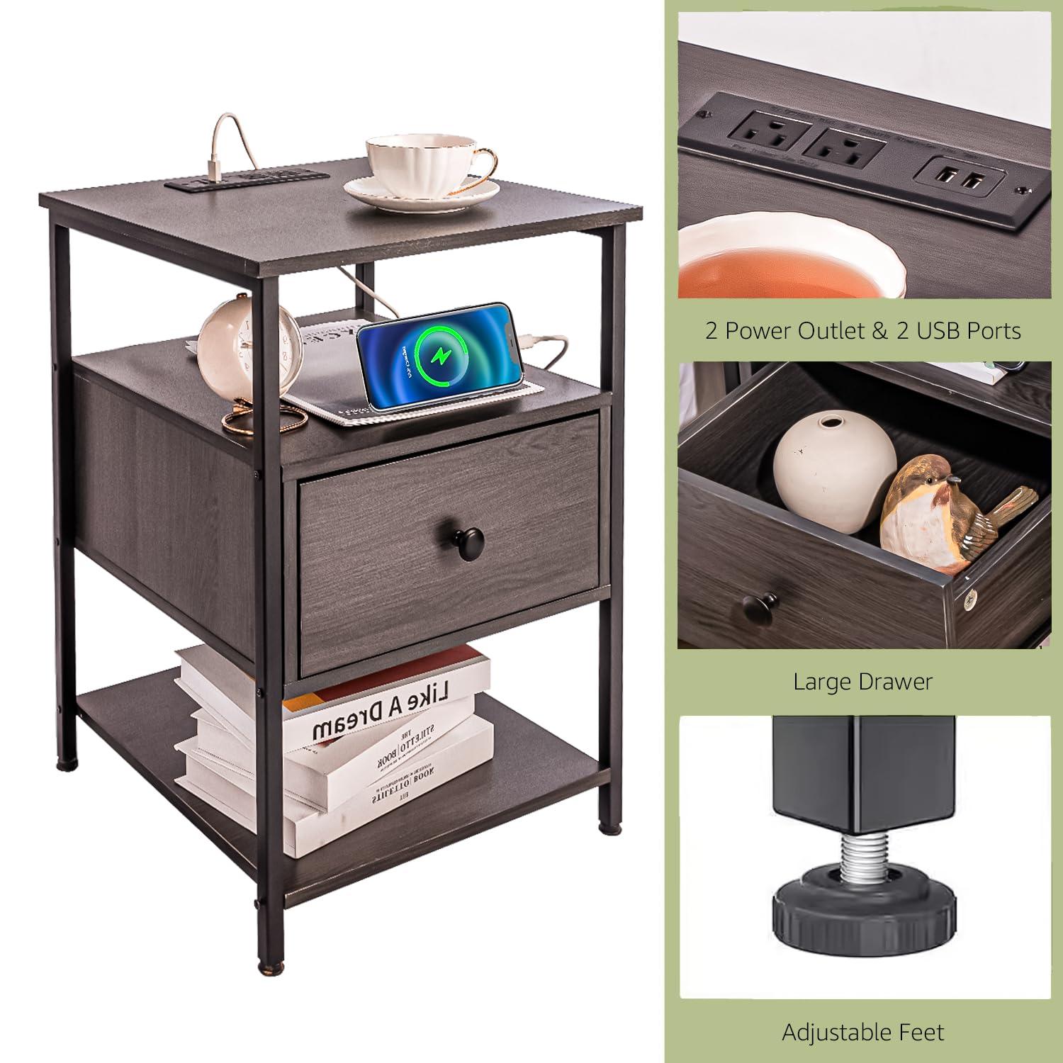 Our Modern Space Our Modern Space Wooden Nightstand with Charging Station USB Port and Single Drawer | Bedside Table End Cabinet for Living Room Bedroom Dorm - Rustic Brown