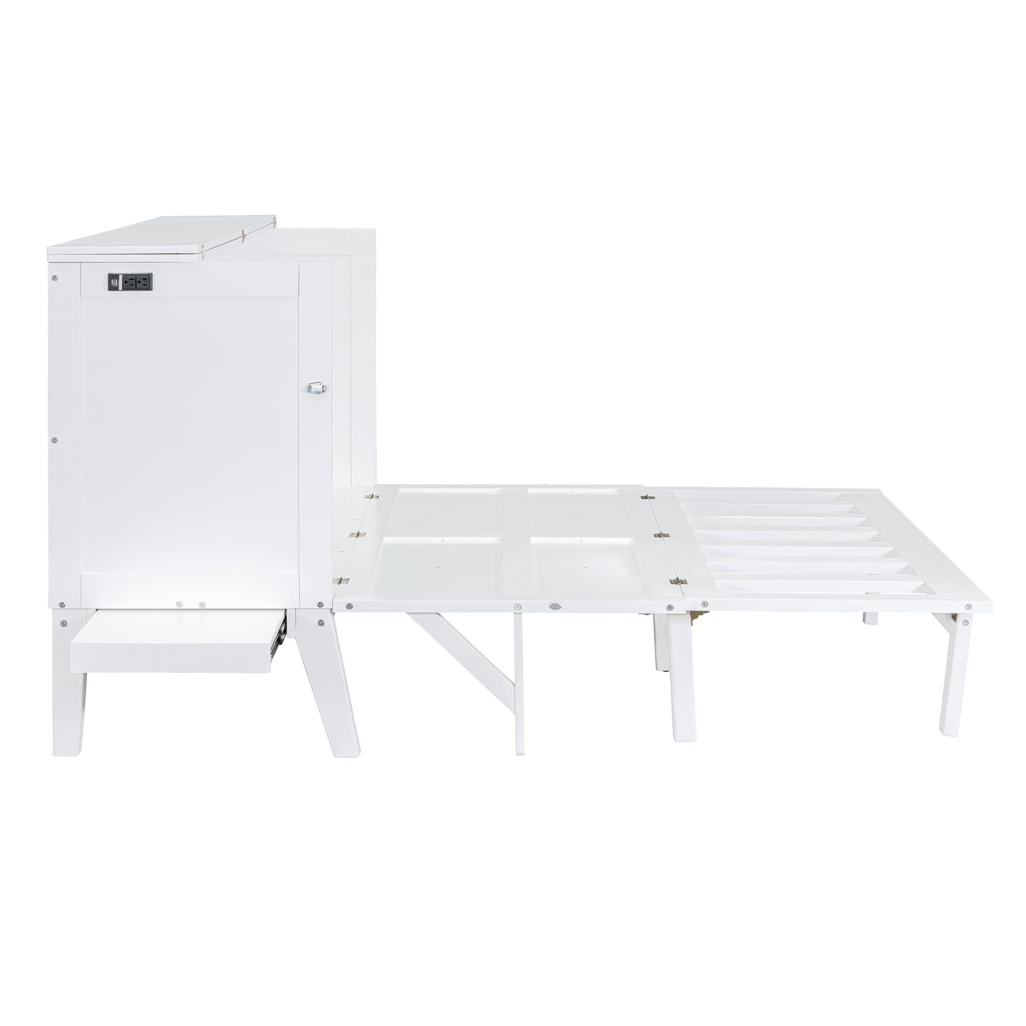 Mirightone Murphy Bed Queen with Desk Board and Removable Shelves,Wooden Murphy Bed Cabinet with Charging Station, Space-Saving Modern Murphy Cube Wall Bed for Guest Room Home Office, White