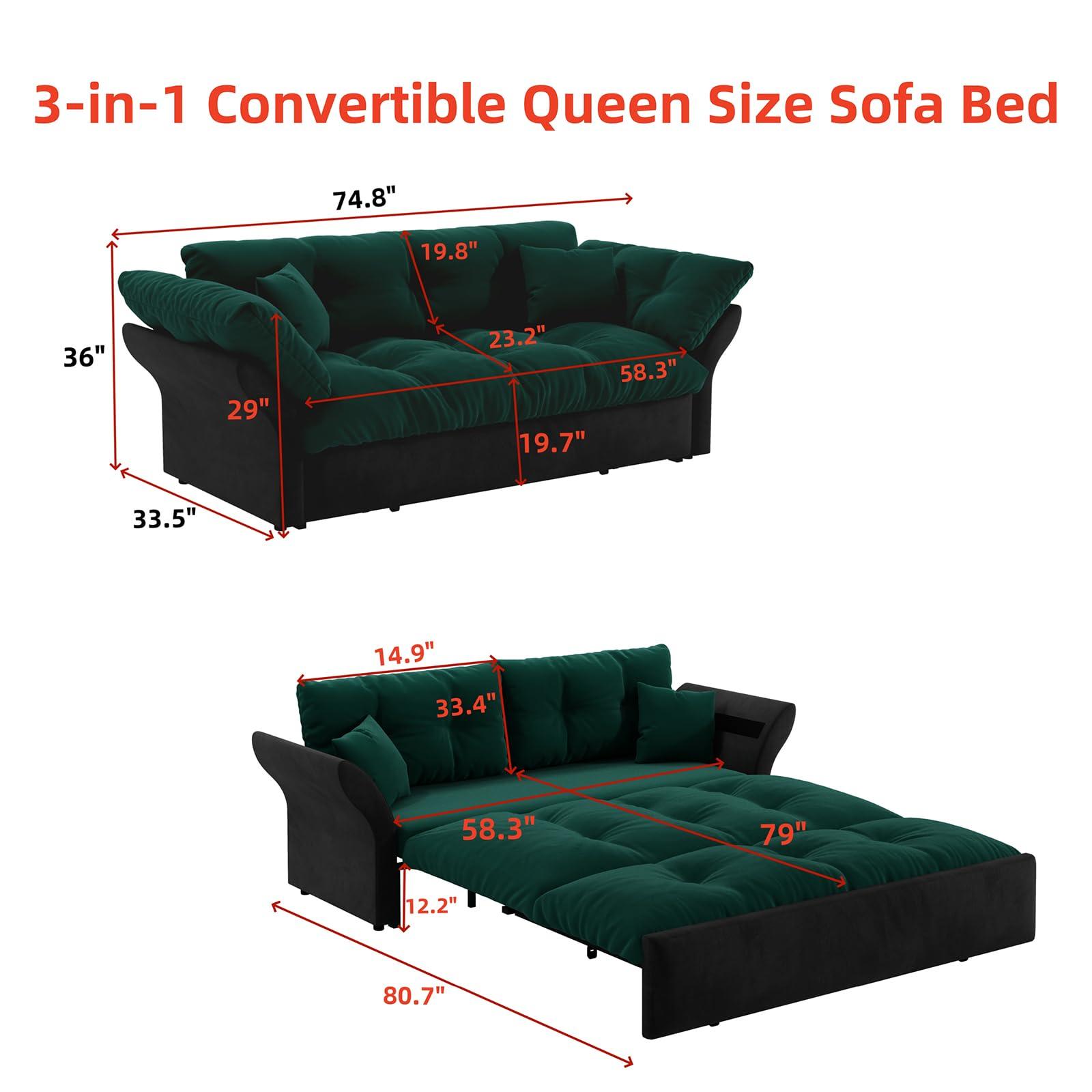 CAPCAEK CAPCAEK 74.8" Queen Pull Out Sofa Bed, Luxury Velvet Convertible Sleeper Couch Futon, Comfy Cloud Pullout Couches,Loveseat Recliner for Living Room Office RV Small Places (Green, 74.8'')