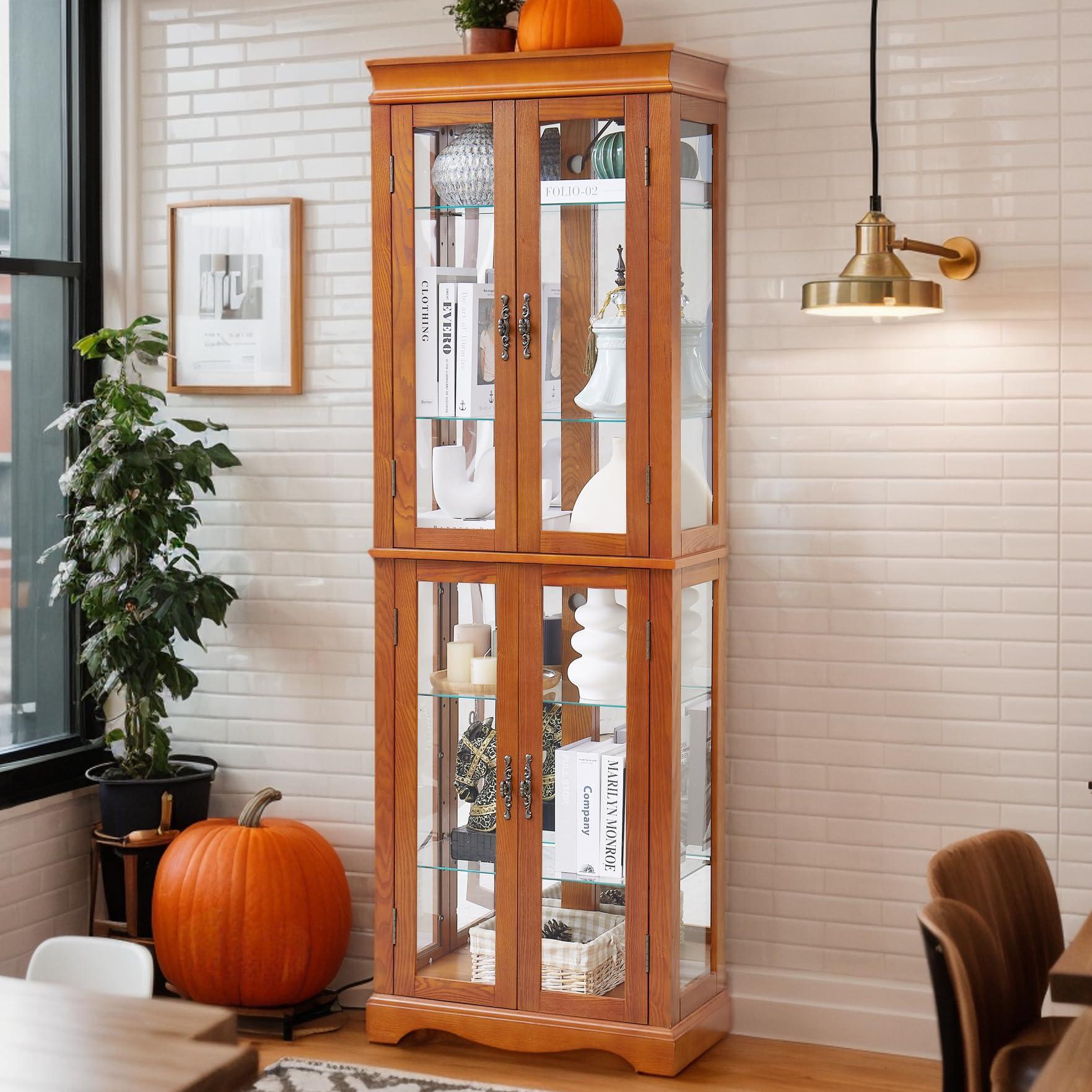 CKEASEAN CKEASEAN Curio Cabinet 71" Lighted Glass Display Cabinet, Wooden China Cabinet with 6 Adjustable Shelves, Tempered Glass Doors, Light Bulb Included, Rack for Living Room (Dark Oak)