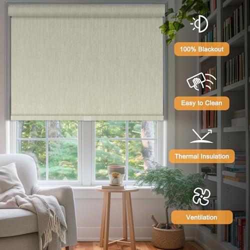Doing-X DOING-X Blackout Roller Shades for Windows Cordless Roller Blinds Custom Size Room Darkening Shades with Cassette Valance Thermal Insulated Linen Fabric Pull Down Window Shades(39.5" W x 44" H) Green