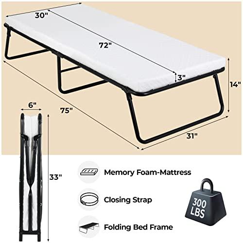 MAMIZO Folding Bed,Rollaway Bed with Mattress for Adults,Foldable Bed,Portable Bed,Metal Bed Frame with Memory Foam Mattress, Guest Bed for Bedroom,Office,Camp,No Assembly Required,(75\" x 31\"x14\")