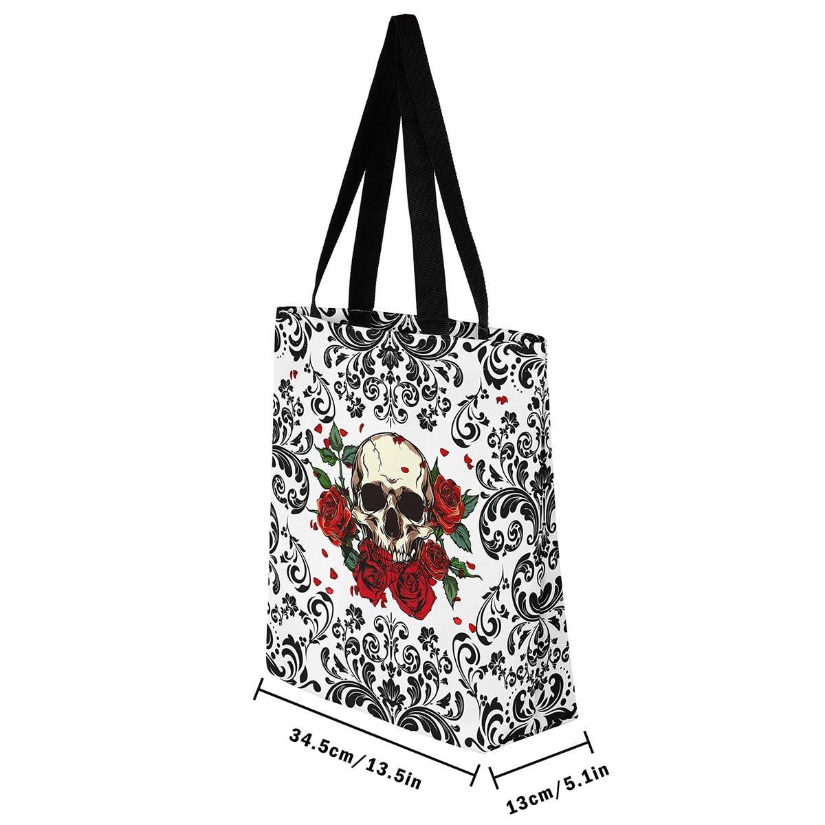 RezsoyeN RezsoyeN Skull Red Roses Canvas Tote Bag For Women Black Damask Floral Gothic Shopping Handbag Halloween Skull Skeleton Reusable Grocery Bag Goth Hippie Skull Shoulder Bag White