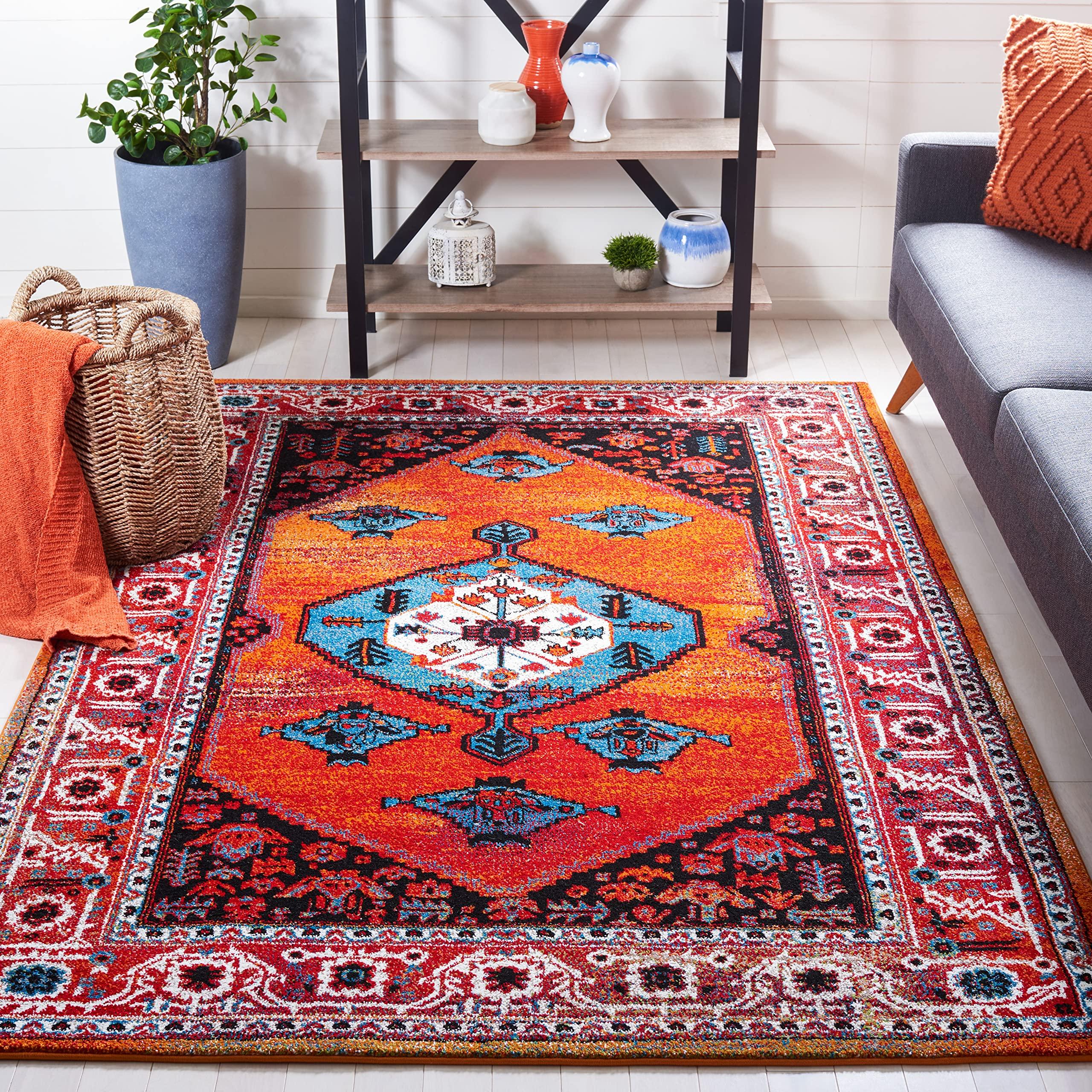 Safavieh SAFAVIEH Vintage Hamadan Collection Area Rug - 5'3" x 7'6", Red & Blue, Traditional Oriental Medallion Design, Non-Shedding & Easy Care, Ideal for High Traffic Areas in Living Room, Bedroom (VTH262Q)