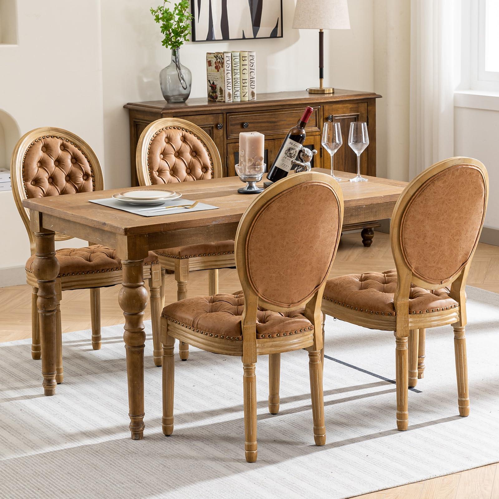 ODUSE-DAILY ODUSE-DAILY French Country Dining Chairs Set of 6, Caramel Kitchen & Dining Room Chairs, Faux Leather Kitchen Chairs, Tufted Upholstered, Wood Legs, Sillas De Comedor (PU, Amber, 6Pcs)