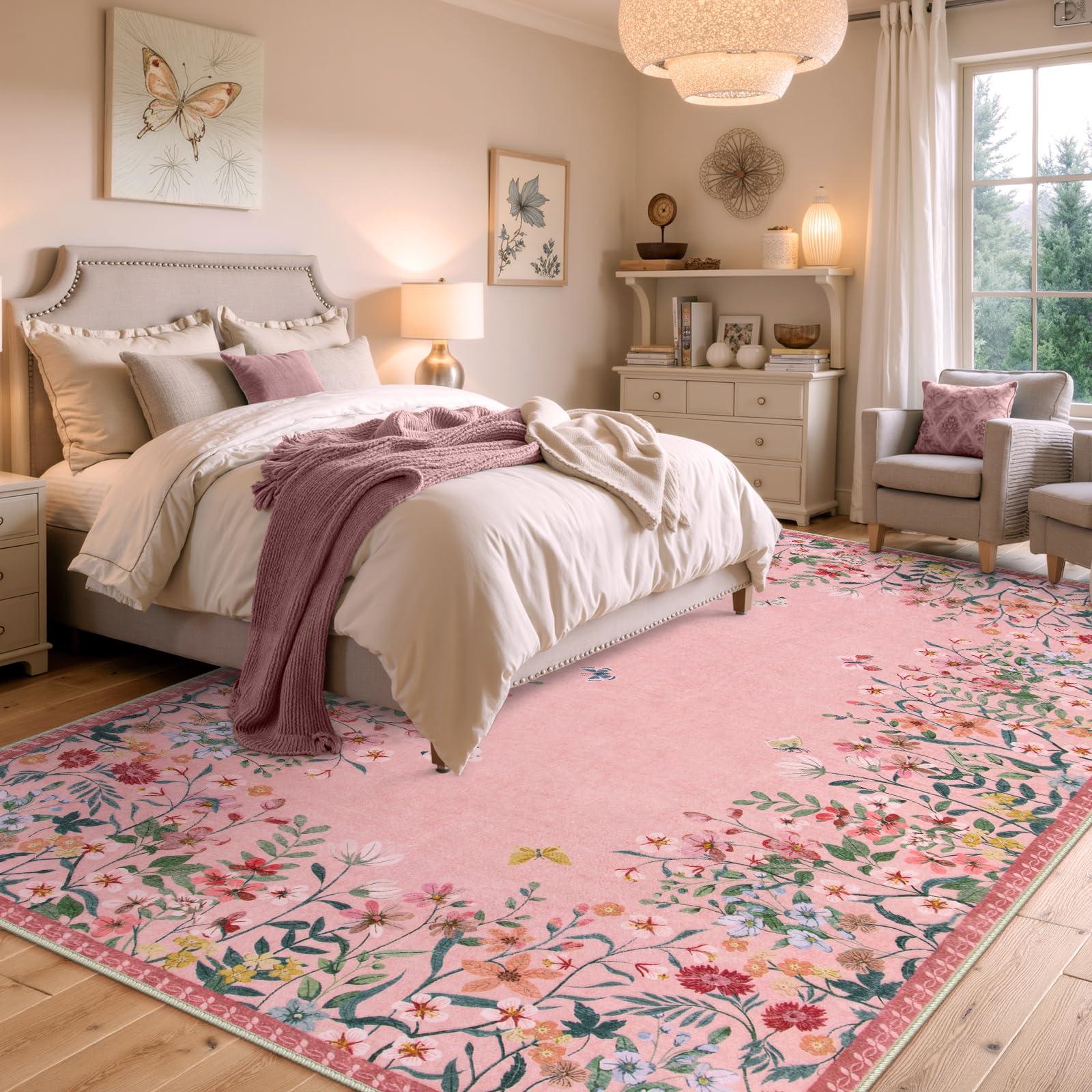Wonnitar Wonnitar Washable Rug, 5x7 Pink Rugs for Living Room, Floral Print Non-Slip Pink Area Rugs for Bedroom Girls, Soft Large Throw Carpet for Kids Nursery Room (Pink,5'x7')