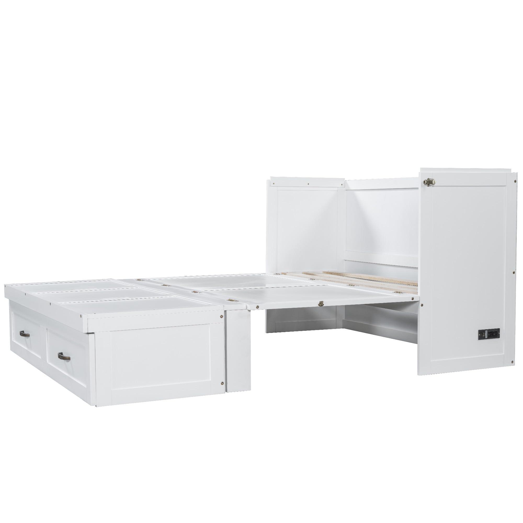 RUNNA RUNNA Full Size Versatility Murphy Bed with Large Drawer,Solid Wood Mobile Murphy Chest Bed with USB Port and Metal Handles. Foldable, Saves Bedroom Space (White#069)