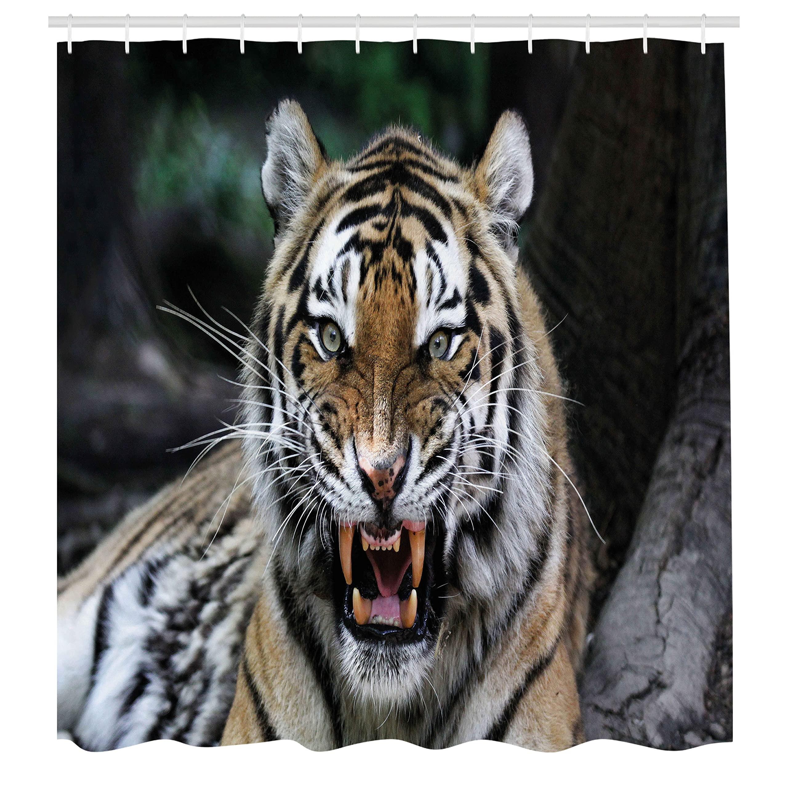 Ambesonne Ambesonne African Shower Curtain, Tiger Face with Roaring Wildlife Savannah Animal Nature Zoo Focused Photo Print, Cloth Fabric Bathroom Decor Set with Hooks, 69\" W x 70\" L, Caramel Grey