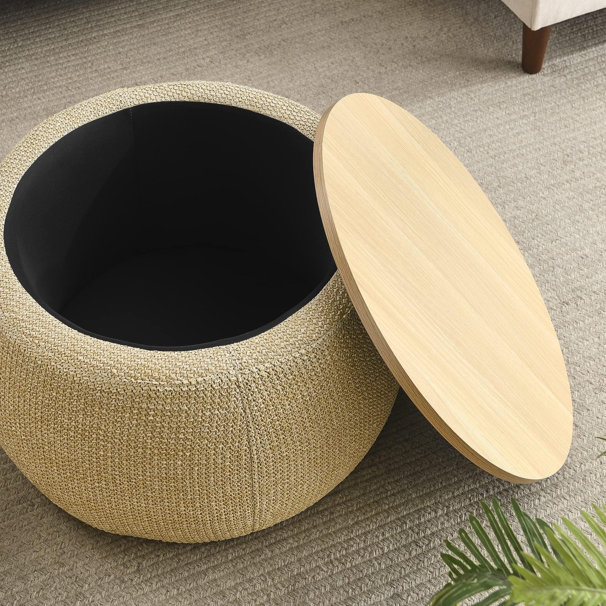 Kakotito Kakotito Modern Round Storage Ottoman with Wooden Lid,Circle Ottoman Handmade Ottoman Coffee Table,End Table & Footstool for Living Room (Natural)