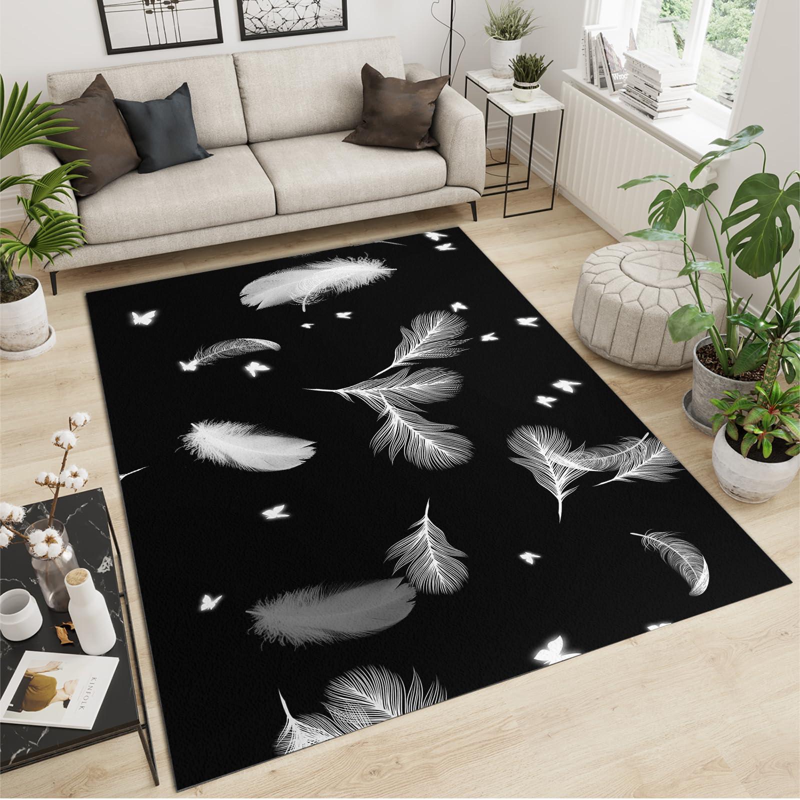 DUPIELU Fashion Black Area Rugs, Modern Abstract White Feather Butterfly Print Large Indoor Machine Washable Rug, Non-Slip Easy Clean Carpet for Living Room Bedroom Kitchen Hallway Entry 8x10ft