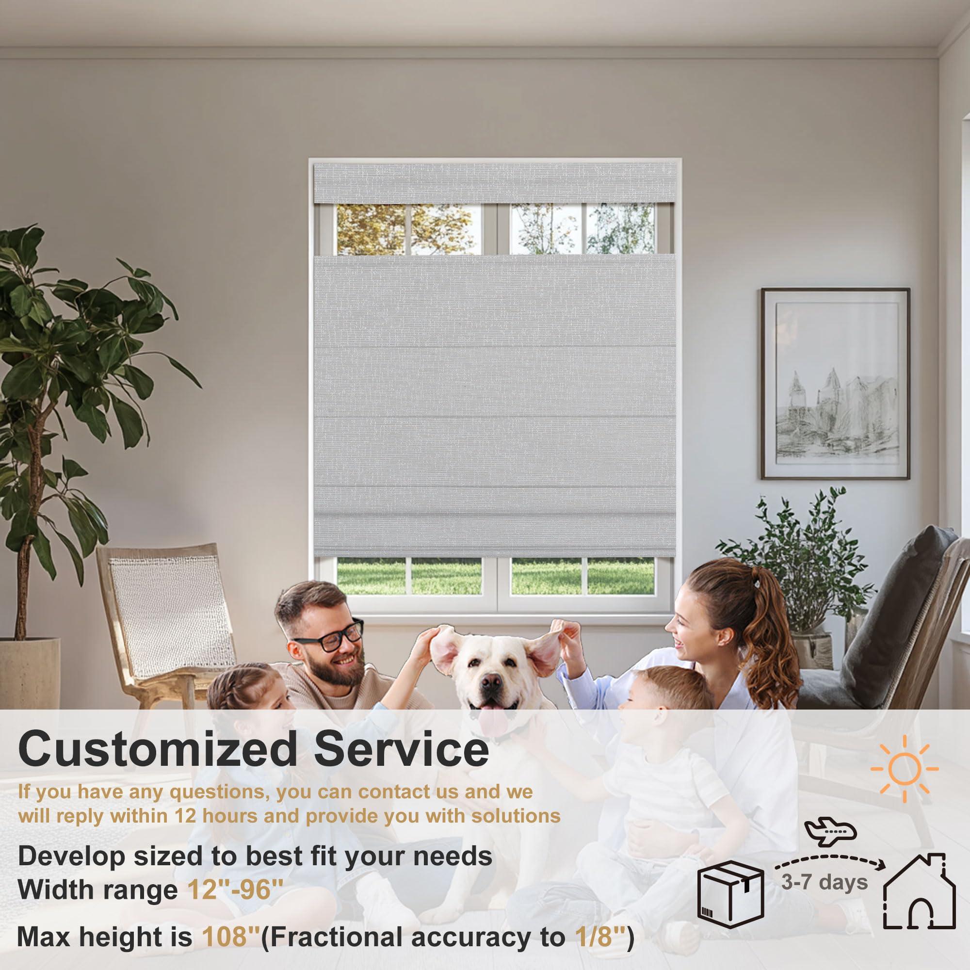 Sulugood Sulugood NO Drill NO Tools Cordless Roman Shades for Interior Windows, Top Down Bottom Up Roman Window Shade, Custom Blackout Linen Roman Window Blinds(32" W x 48" H) Blackout White Gray