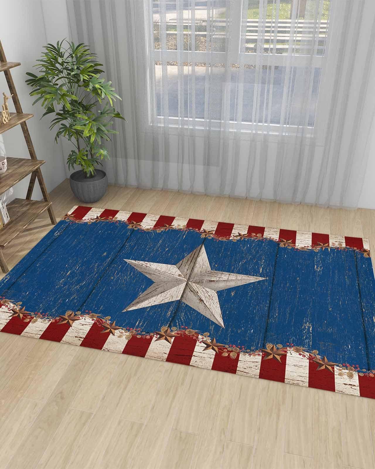 PIEPLE Rustic Stars Country Large Rectangular Area Rugs 3' x 5' Living Room, Durable Non Slip Rug Carpet Floor Mat for Bedroom Bedside Outdoor Red Blue Berry Farmhouse Wood