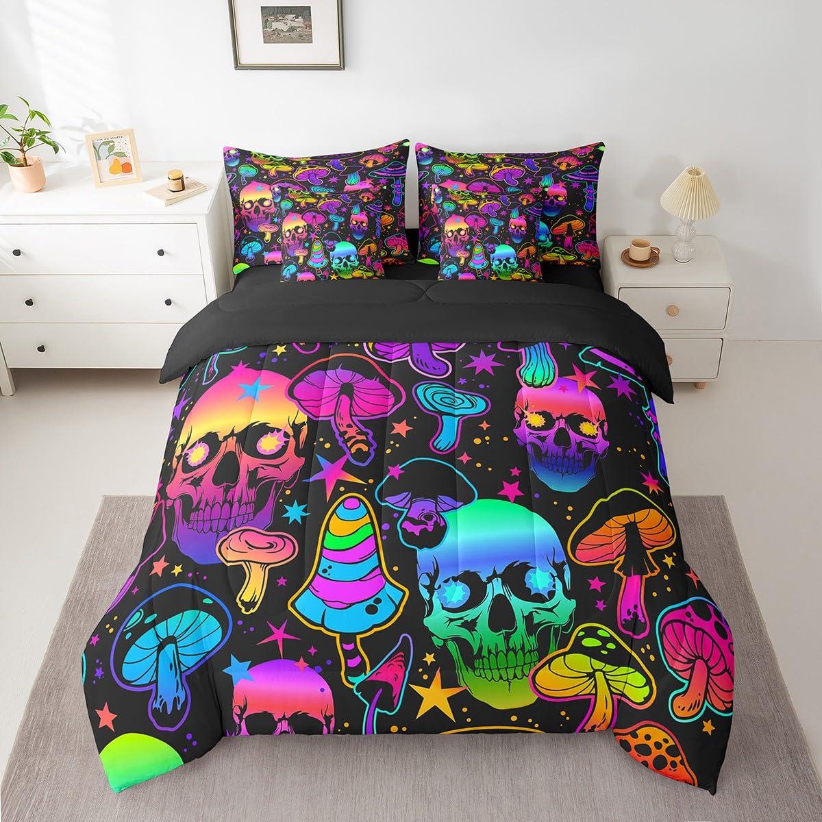 Erosebridal Erosebridal Sugar Skull Bed in a Bag Queen Comforter Set 7 Piece,Gothic Exotic Bone Bedding Sets Rainbow Mushroom Sheet Set with Comforter