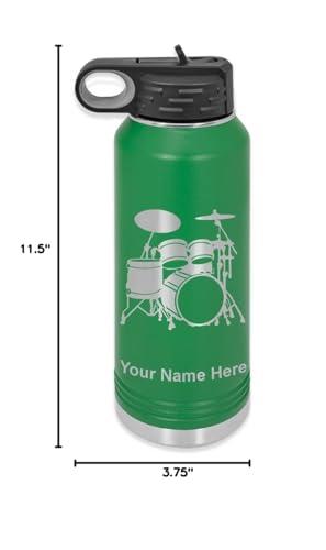 LaserGram LaserGram Personalized Water Bottle, Drum Set, Stainless Steel Double Wall Vacuum Insulated with Flip Top Straw, Custom Engraved Gift (40oz / 1180ml Green)