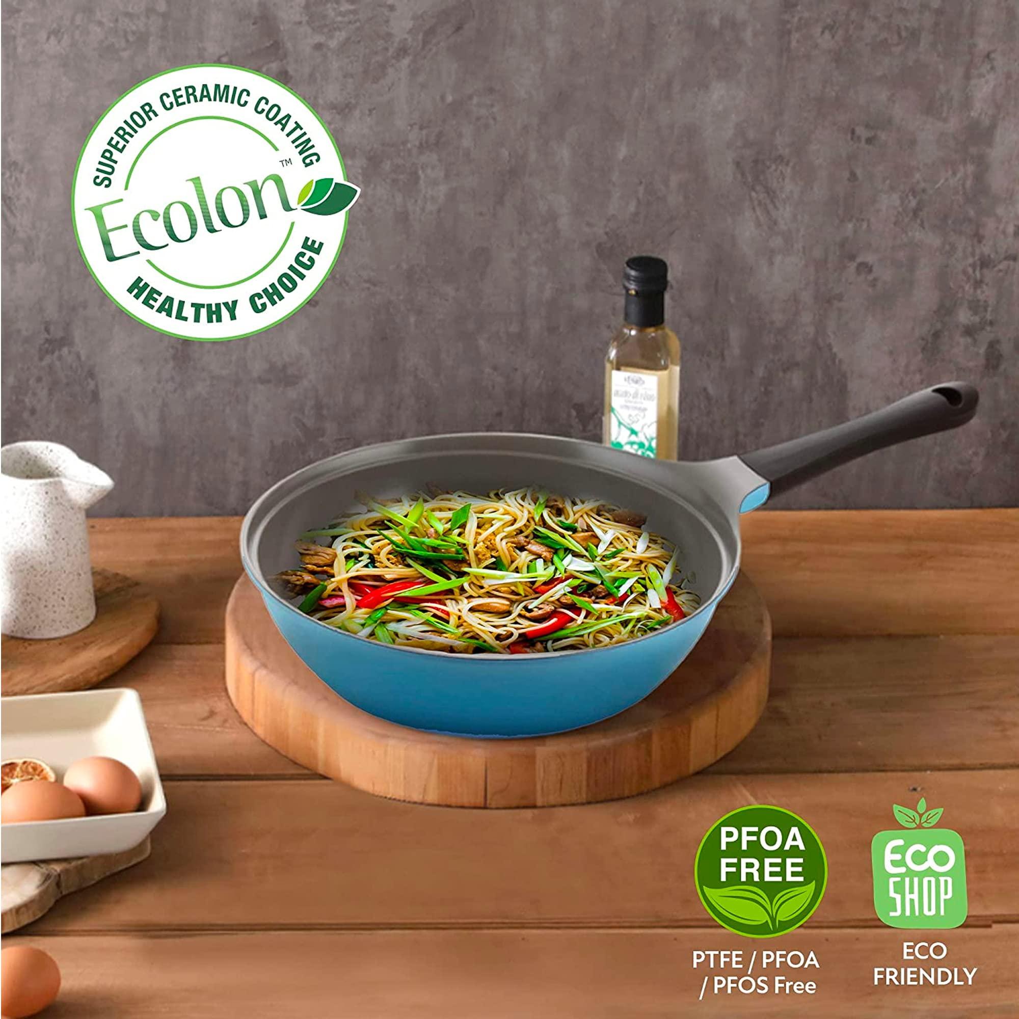 Neoflam Neoflam Eela 12'' Non Stick Chef's Wok with Glass Lid, Stir Fry Pan and POFA-Free Ceramic Coating for Cooking Saute Vegetables, Meat, Fish, 12 inch, Deep Blue (Handle assemble required)