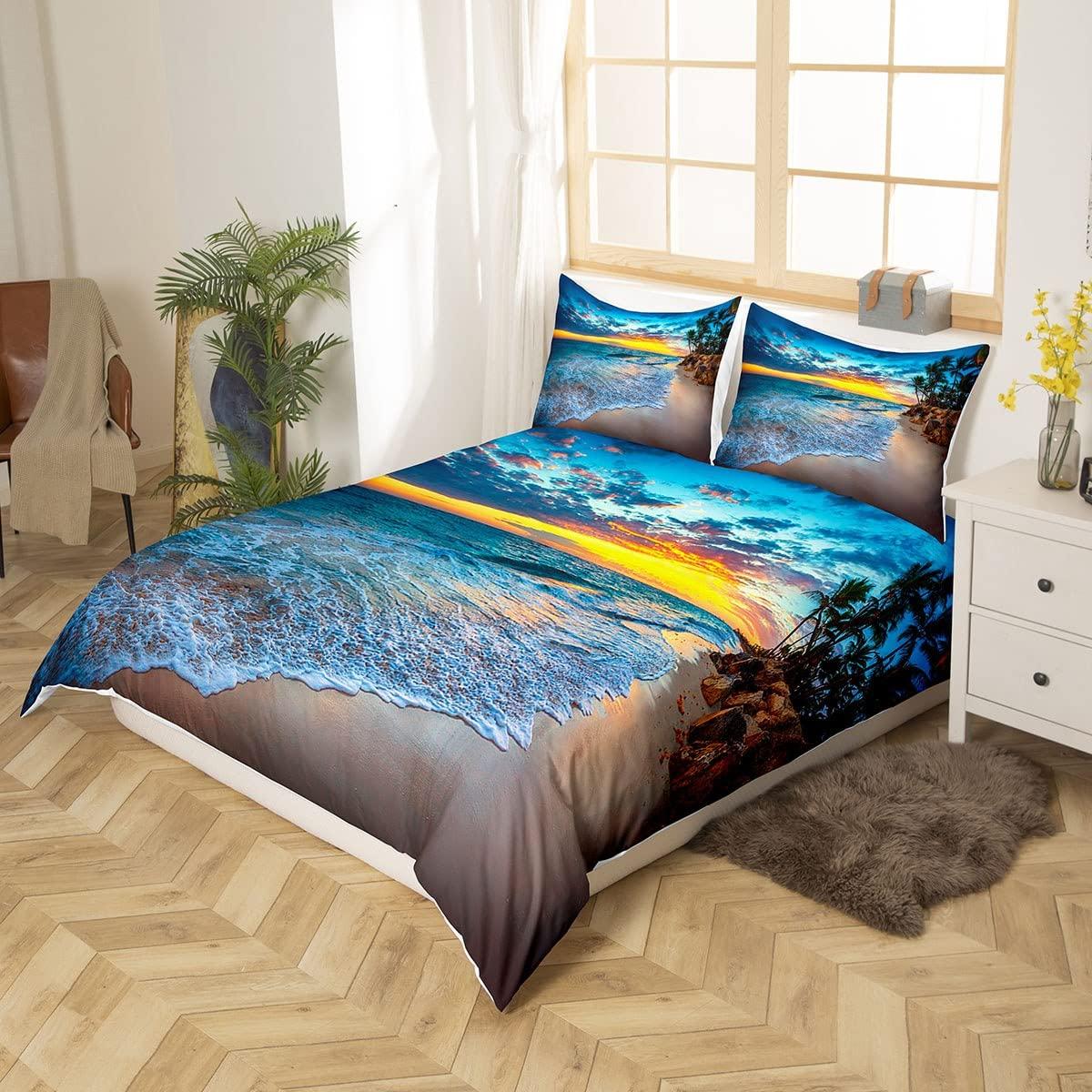 Erosebridal Beach Duvet Cover Full Ocean Bedding Kids Girls Boys Hawaiian Sea Waves Comforter Cover Tropical Sunset and Sea Beach Nature Theme Print bedding Botanical Beach House Decorative Bedspread with Zipper