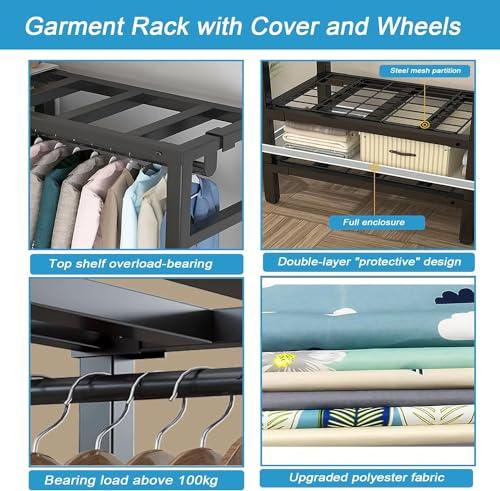 ZAIHW Garment Rack Walk In Closet Organizer Heavy Duty Clothes Rack Closet System with 3 Hanging Rods, 8 Wheels, 1600 LBS Load Capacity for Wardrobe, Freestanding Bedroom Armoire (215cm/84.6in)