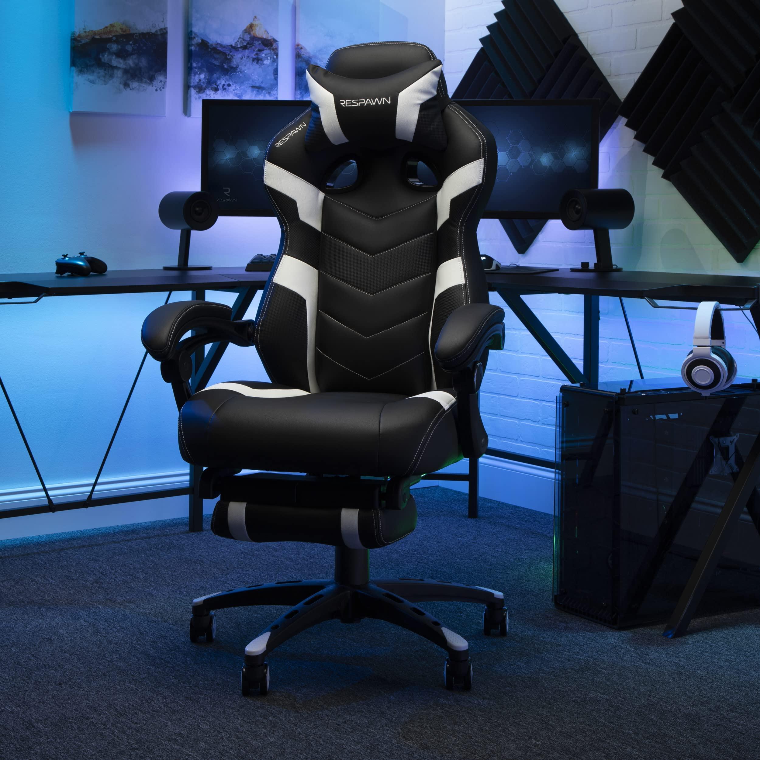 RESPAWN RESPAWN 110 Ergonomic Gaming Chair with Footrest Recliner - Racing Style High Back PC Computer Desk Office Chair - 360 Swivel, Adjustable Lumbar Support, Headrest Pillow, Padded Armrests - 2021 White