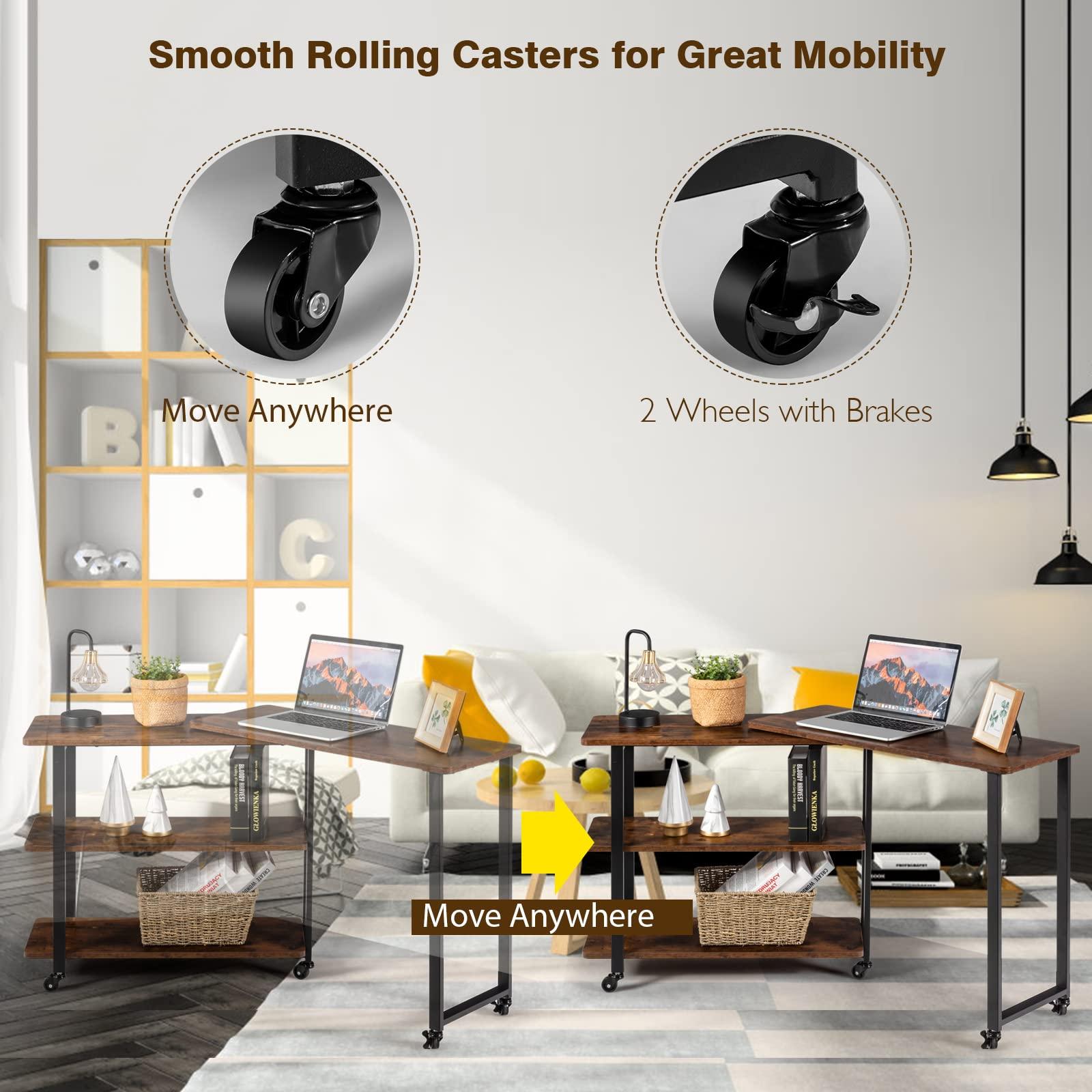 Tangkula Tangkula 360 Free Rotating Sofa Side Table, Patented Mobile Couch Desk with 2-Tier Storage Shelves, Movable Laptop Table with Sturdy Metal Frame, Couch Table Snack Table for Home Office