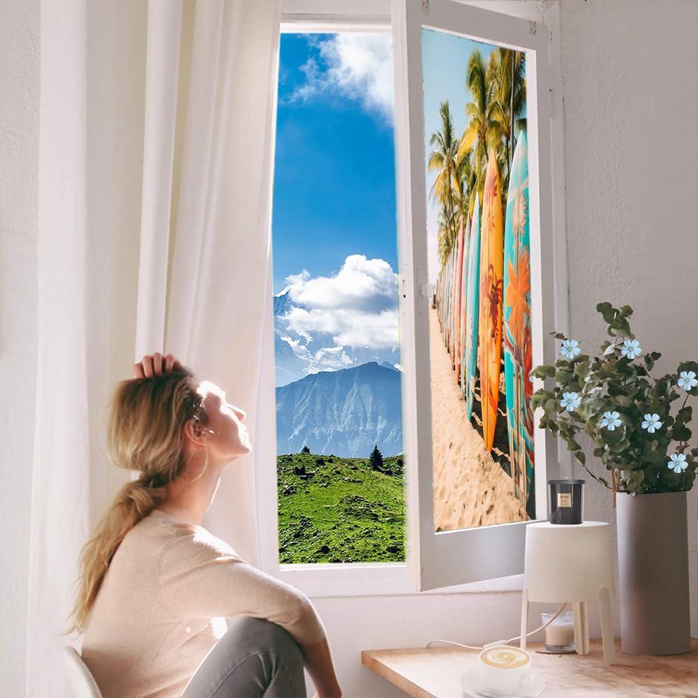 SOPIYRIO SOPIYRIO Beach Surfboards Stained Glass Window Film Tropical Palm Trees Summer View Privacy Window Film Non-Adhesive Glass Film Decorative Static Cling Film for Home Office 31.5Wx47.2L inch