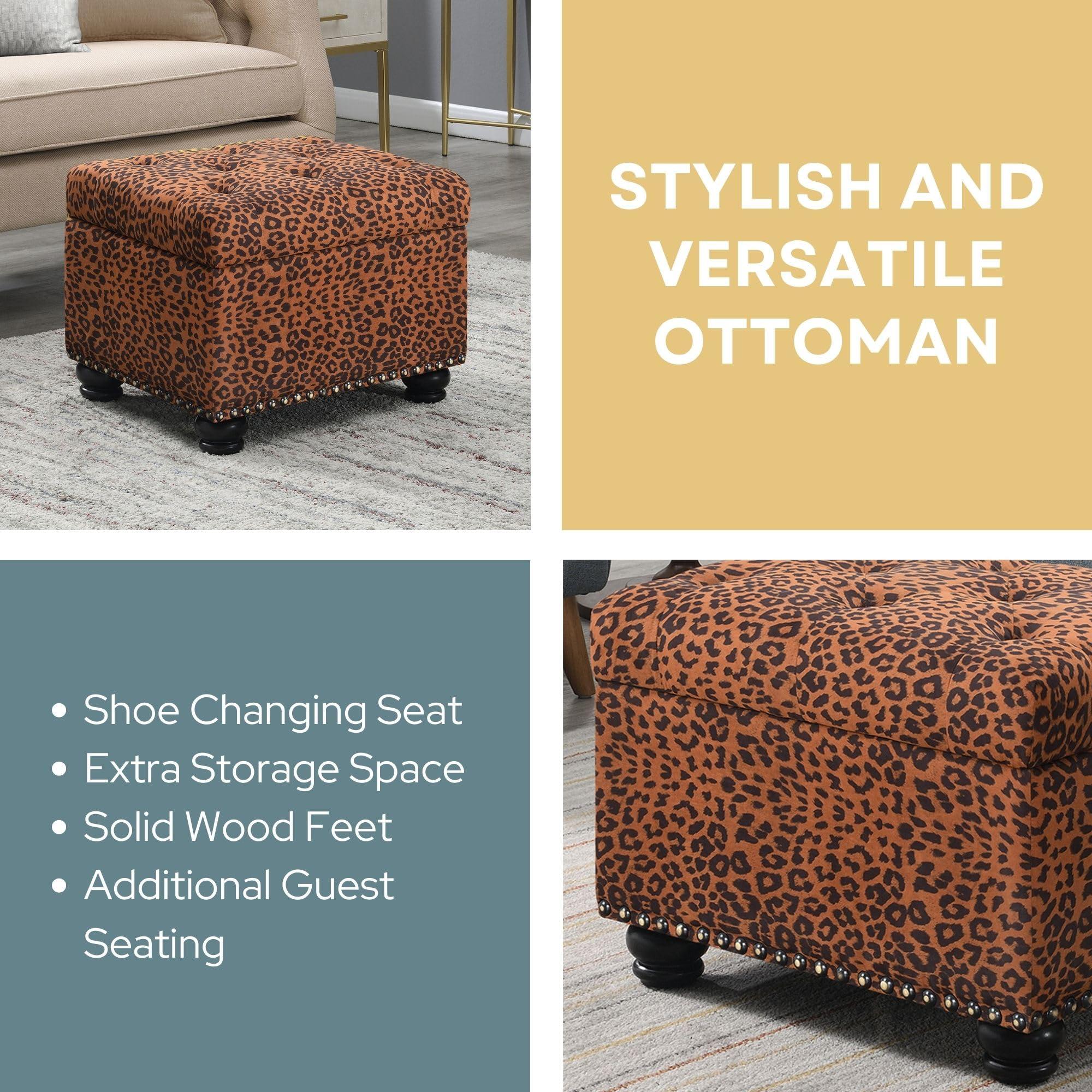 Convenience Concepts Convenience Concepts Designs4Comfort 5th Avenue Upholstered Storage Ottoman 24\" - Contemporary Foot Stool and Seat with Hinged Lid for Living Room, Dining Room, Office, Den, Forest Leopard Print Fabric