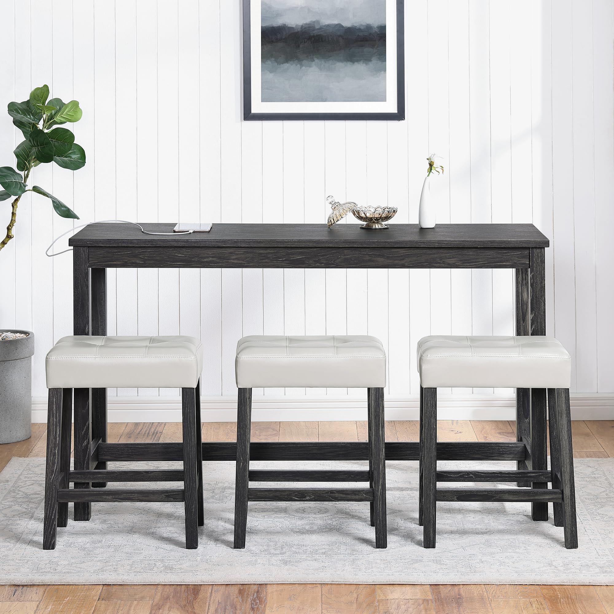 Kootlena Kootlena Bar Table Set with Power Outlet, Counter Height Pub Bar Table and Chairs Set, 4 Piece Wood Dining Table Set, Industrial Breakfast Table Set for Kitchen Dining Room Living Room (Black+White)