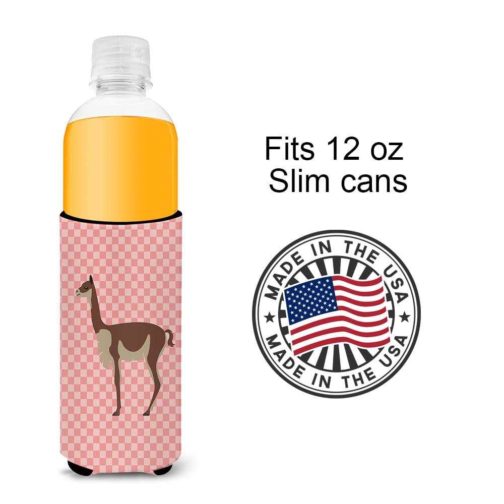 Caroline's Treasures Caroline's Treasures BB7917MUK Vicugna or Vicuna Pink Check Ultra Hugger for Slim cans Can Cooler Sleeve Hugger Machine Washable Drink Sleeve Hugger Collapsible Insulator Beverage Insulated Holder