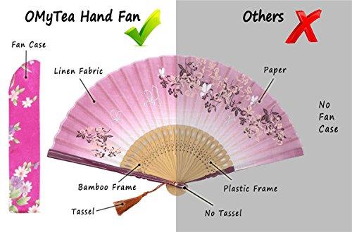 OMyTea OMyTea® 8.27"(21cm) Women Hand Held Silk Folding Fans with Bamboo Frame - with a Fabric Sleeve for Protection for Gifts - Chinese/Japanese Style Butterflies and Morning Glory Flowers Pattern (Red)