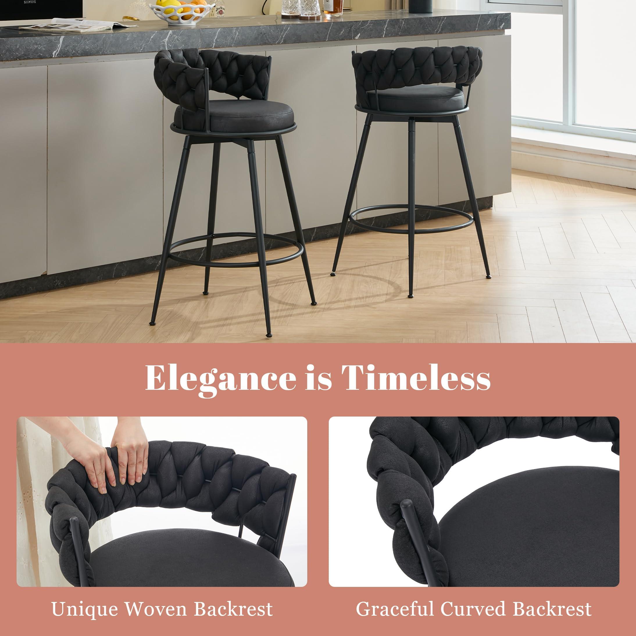 LONXIU LONXIU 360 Swivel Bar Stools Set of 4, 28 inch Counter Height Bar Stools Modern Barstools with Woven Back and Suede Fabric, Metal Frame & Footrest for Kitchen Island, Cafe, Pub, Bar Counter, Black