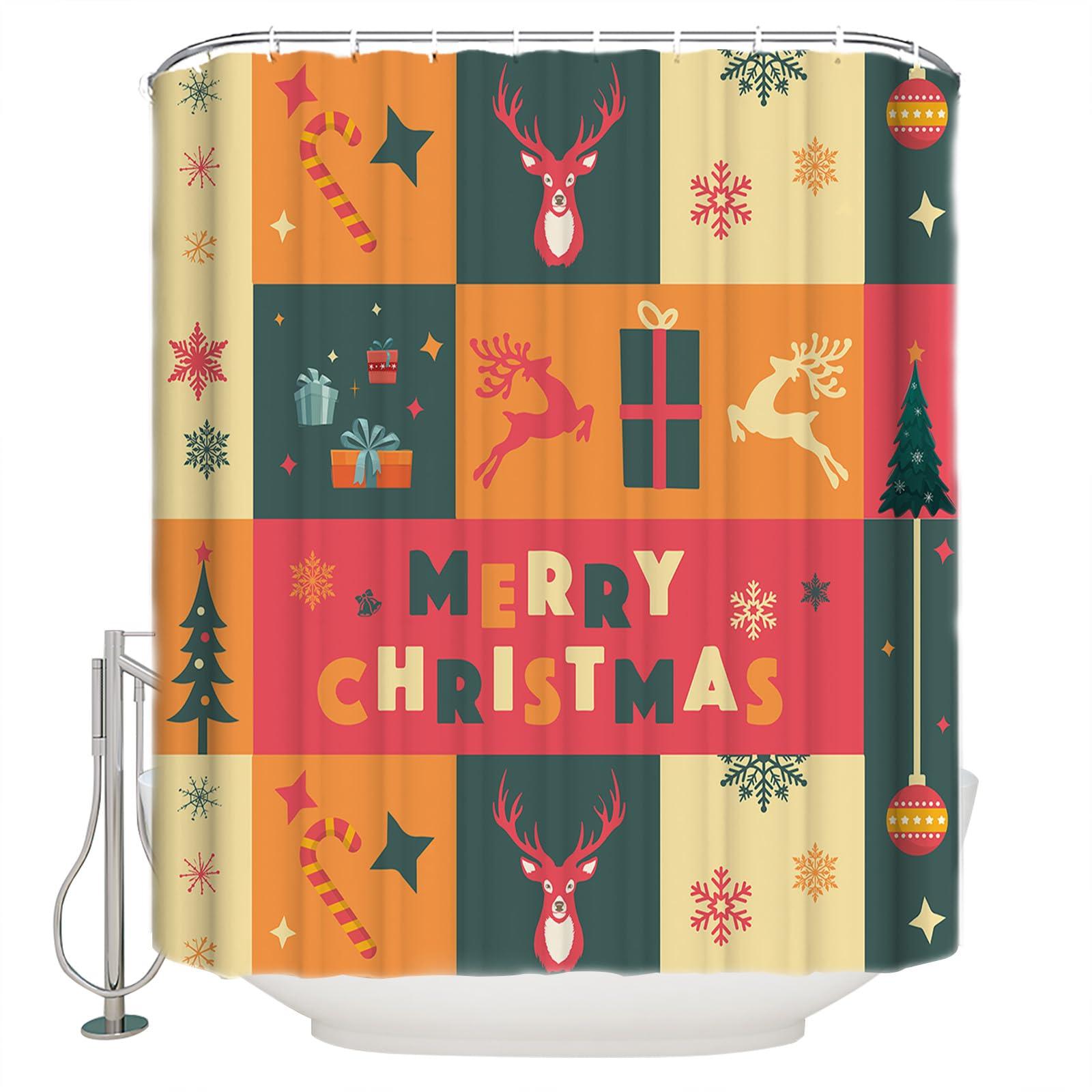 Wotrend Merry Christmas Shower Curtain for Bathroom 72\" x 78\", Xmas Tree Ball Elk Snowflake Gifts Shower Curtain with Hooks Polyester Waterproof Home Bathtub Decor
