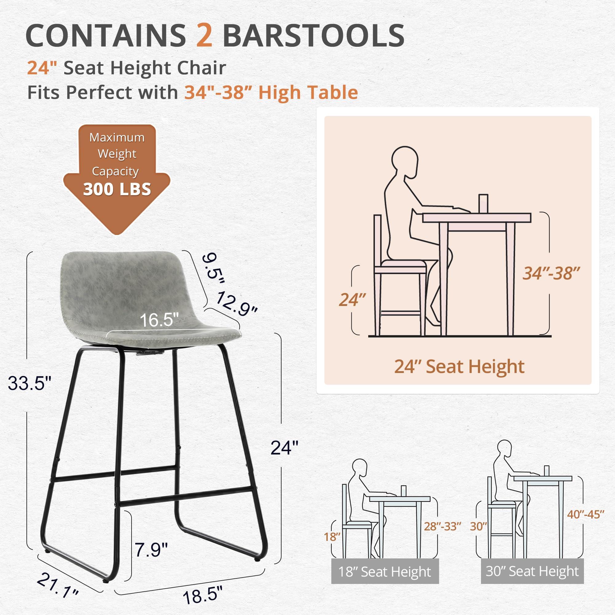 LUE BONA LUE BONA 24" ALX Faux Leather Barstools Set of 2, Bar Stools, Modern Counter Height Stools with Back and Metal Legs, Armless Counter Chairs, Grey