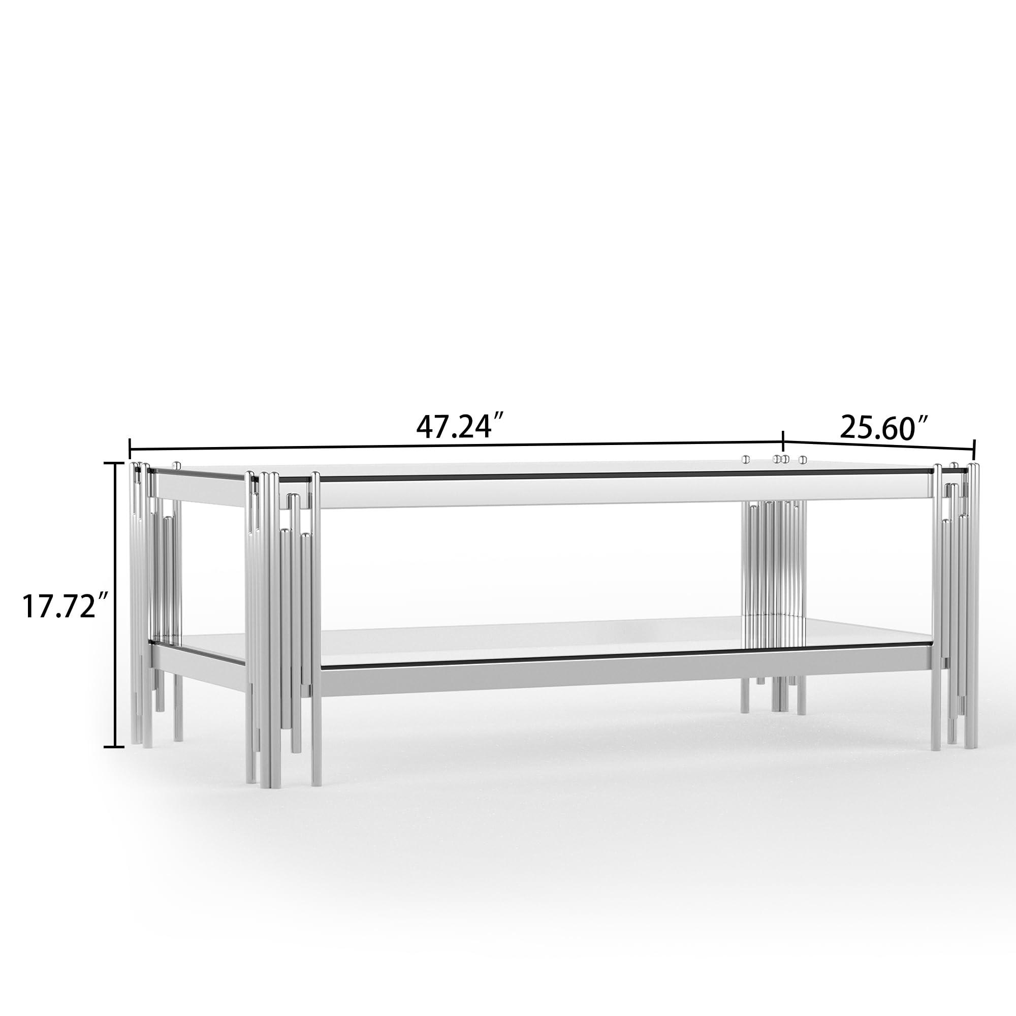 Henf 47.24" Glass Coffee Table, Luxury 2-Tier Center Coffee Table with Silver Stainless Steel Frame, Modern Rectangle Center Table Accent Cocktail Table with Low Storage Shelf for Living Room