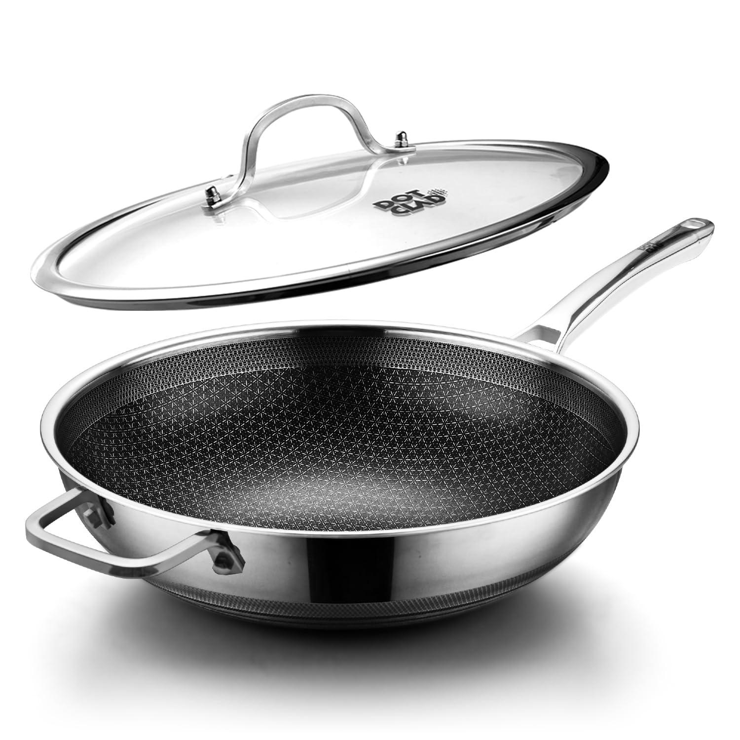 DOTCLAD DOTCLAD Wok pan,Hybrid 12 inch Wok with Lid, PFOA Cookware,non stick Stainless Steel Woks & Stir-fry pans Nonstick, Dishwasher and Oven Safe, Works on Induction