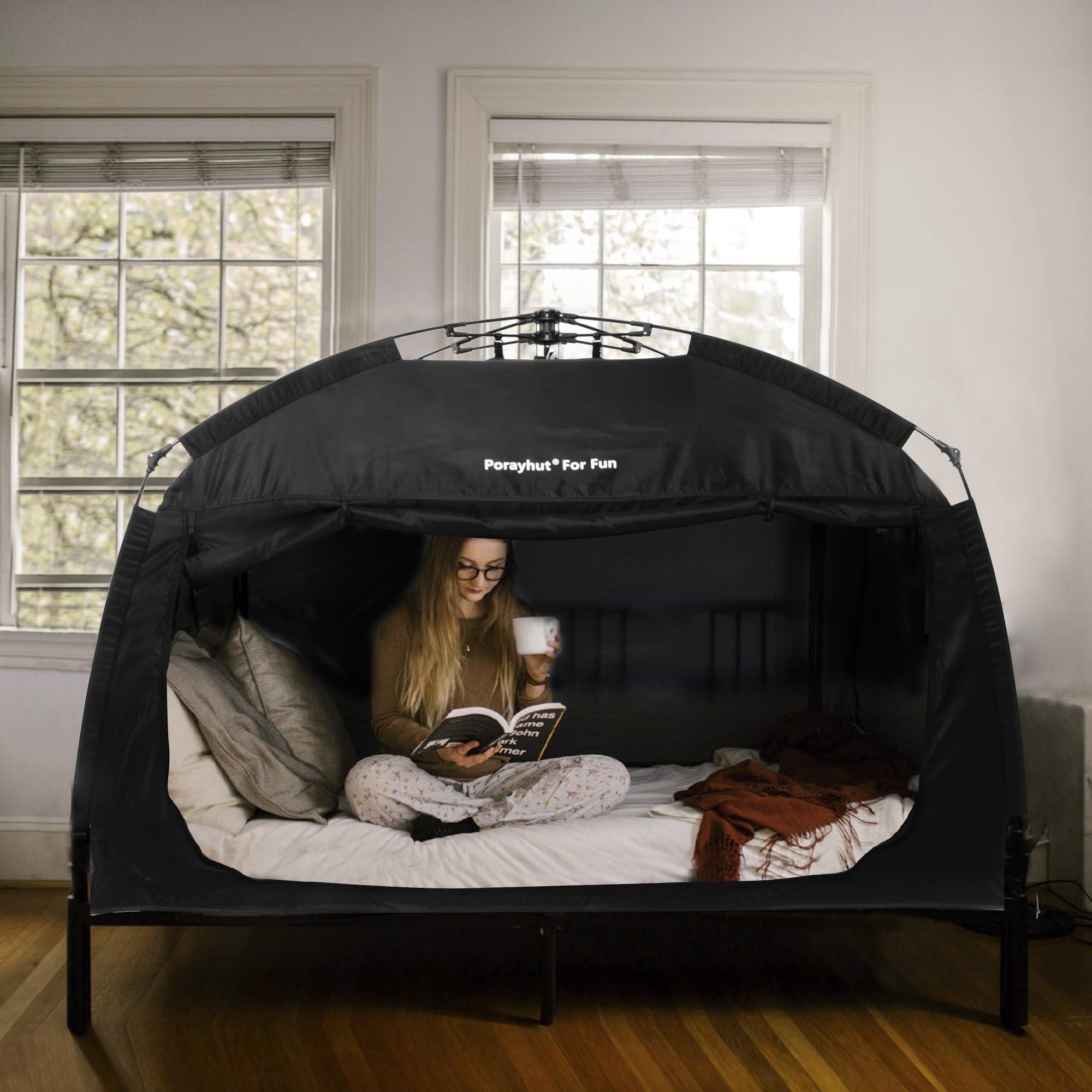 porayhut Indoor Instant Privacy Bed Tent for Sleeping,Quick Set-up Bed Canopies,Portable Bed Drapes with Large Space and 3 Doors (Black, Twin)