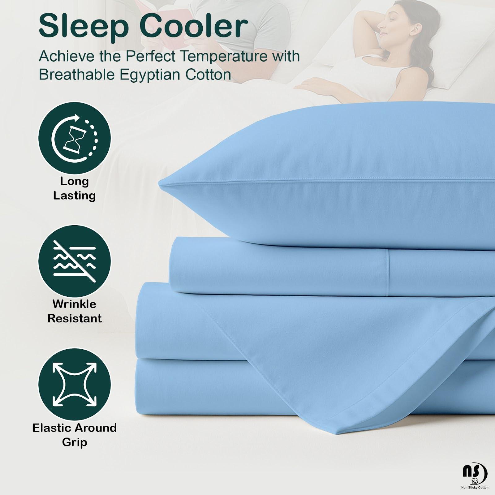 NON Sticky cotton Top Split King Sheets Sets for Adjustable beds, Sheets for Sleep Number Bed Split King deep Pocket, 34\" Split Top King Sheets 400 Thread Count 100% Cotton, Flex Top Sheets, Light Blue Solid