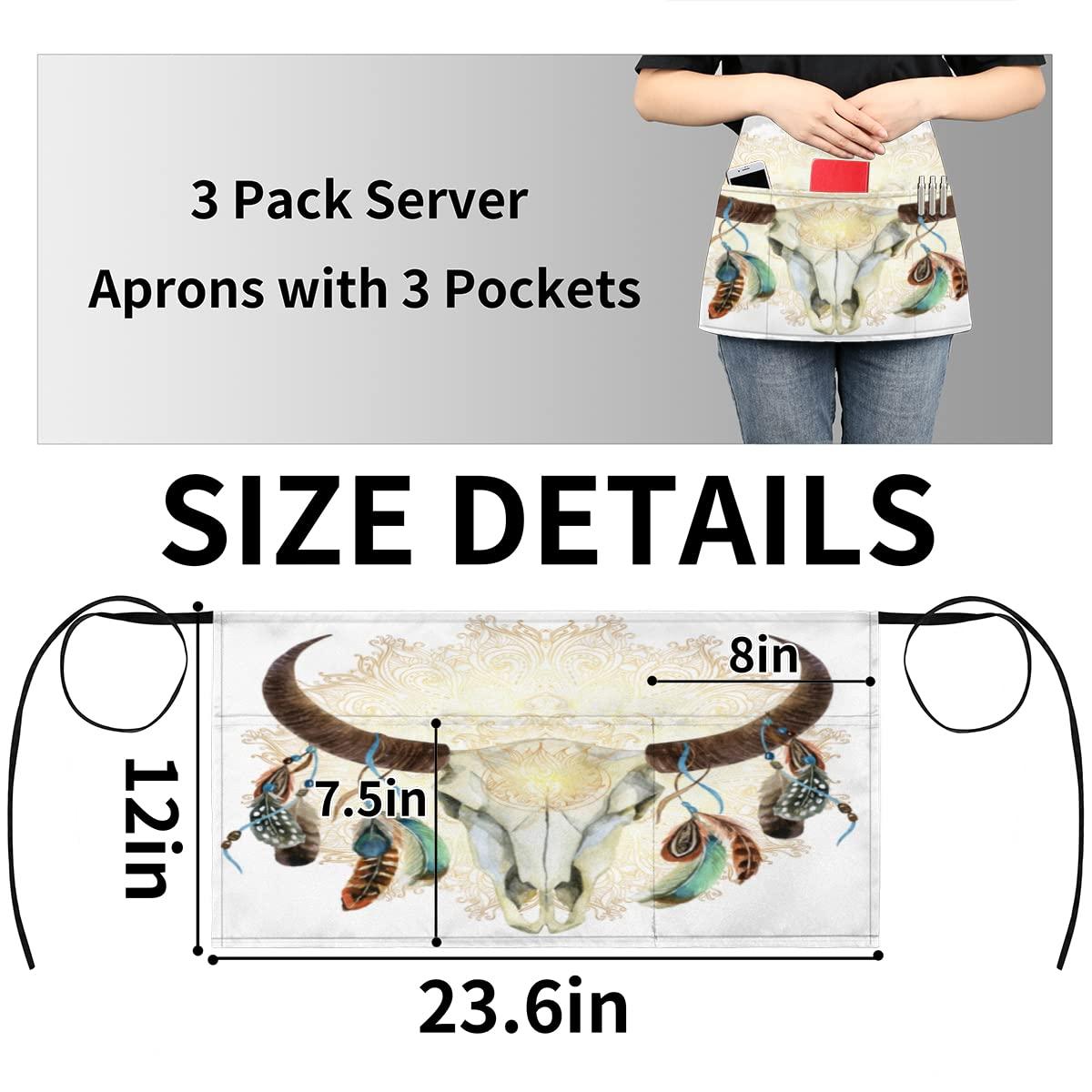 XMNYGJ XMNYGJ Cute Waist Apron Set Animal Buffalo Skull Mandala Waitress Aprons 3 Pockets Waterproof Half Apron for Bartender Restaurant Barista Teachers BBQs Parties 3 Pack