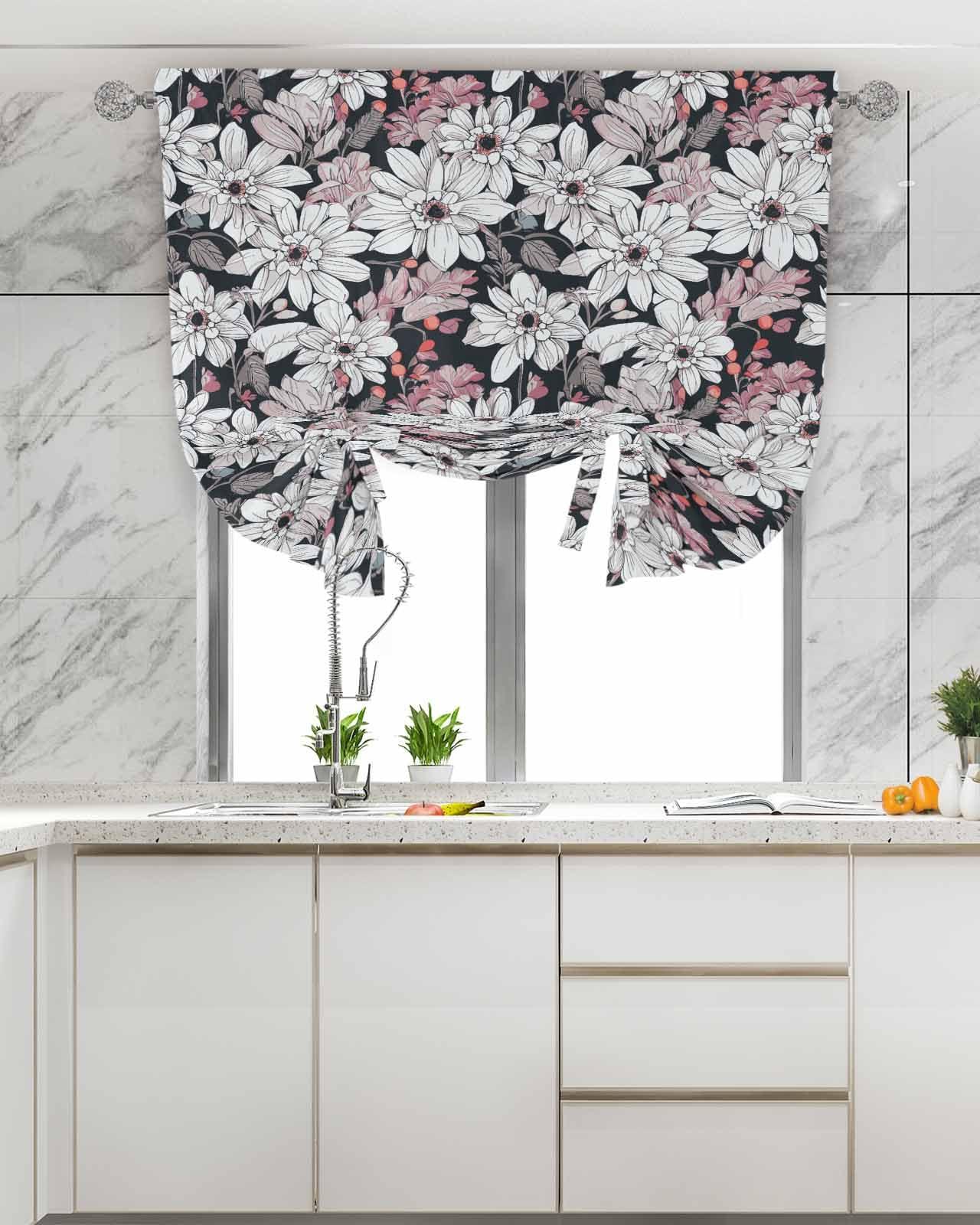 Anzona Anzona Kitchen Tie Up Curtains for Windows, Red White Spring Floral Adjustable Balloon Nature Linen Textured Curtain, Summer Botanical Classic Black Insulated Shades for Window Treatments, 42" x 54"