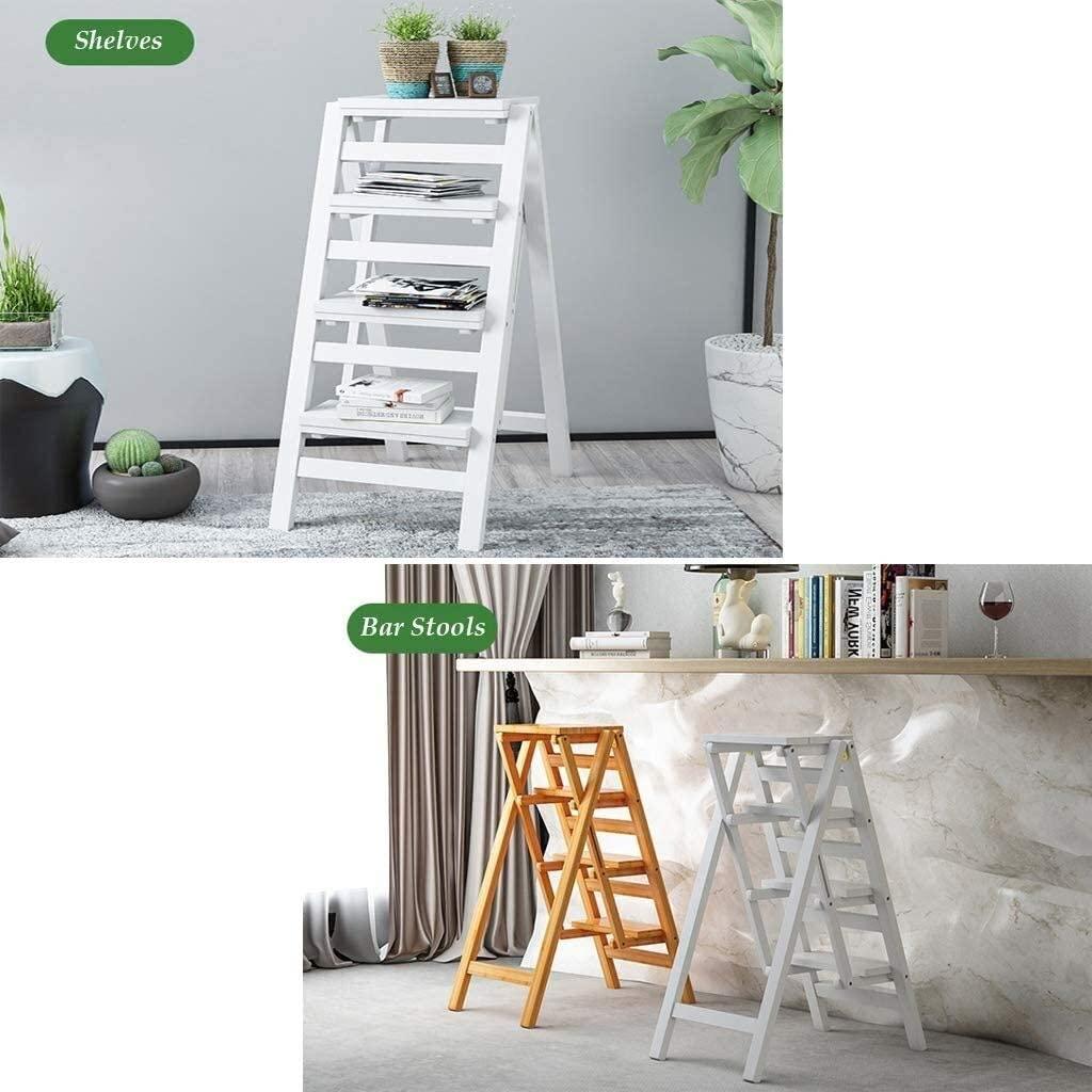 Katzowen Home Folding Step Ladder Stool Folding Step Stool,Bamboo Step Ladder Stool Folding Stepladder, 4 Steps, Folding Design Ladder with Anti-Slip Feet (Color : Wood Color)