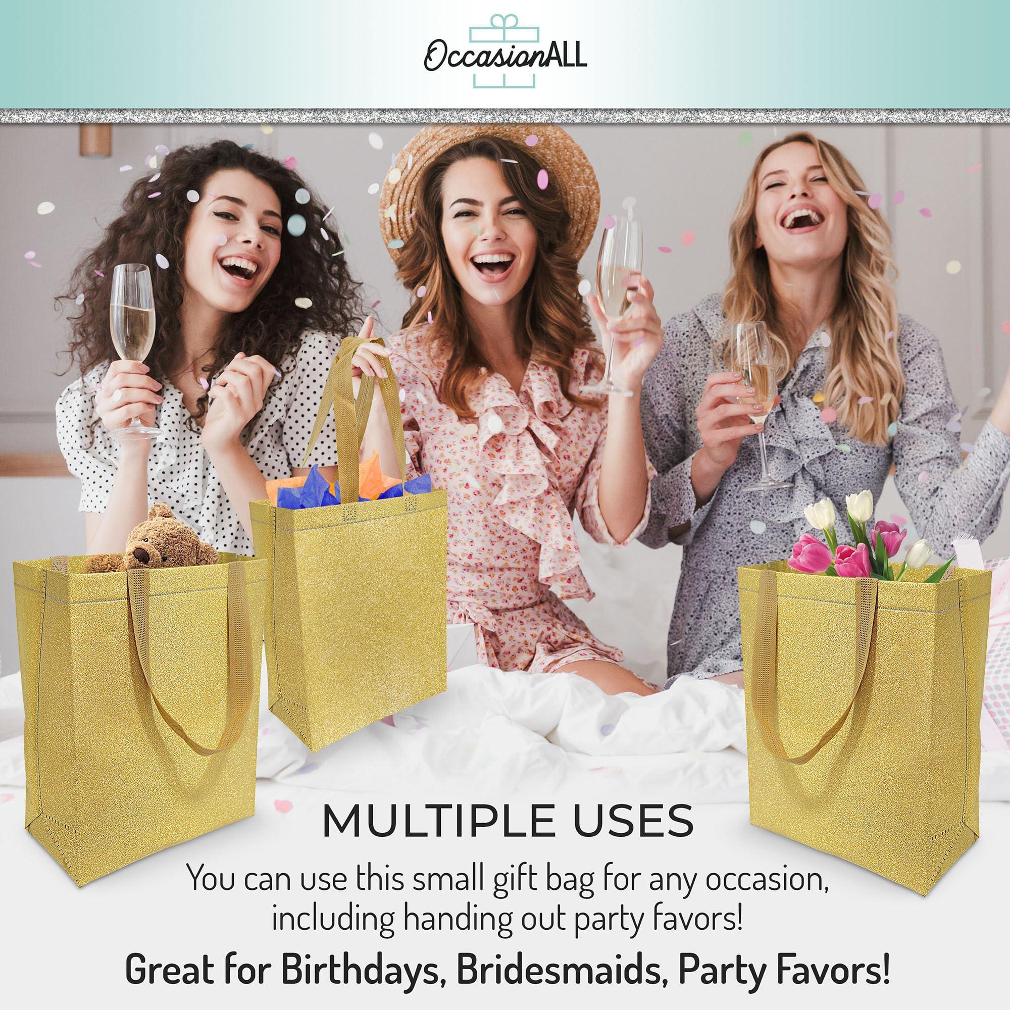 OccasionAll OccasionALL Gold Christmas Gift Bags, Large Reusable Glitter Totes with Handles for Holiday Shopping, Birthdays, Party, Events, Bulk, 10x5x13 12 Pack