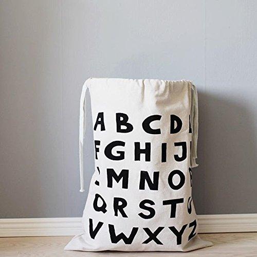 Chezi Chezi Cute Cartoon Print Drawstring Heavy Canvas Large Laundry Bag Basket Beige (Alphabet)