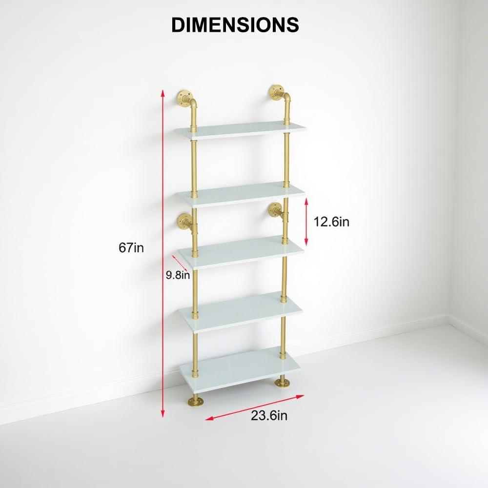 HEONITURE HEONITURE 5 Shelf Modern Gold Bookshelf, Wall Mount White Bookcase, Ladder Shelf with Metal Frame, Display Shelf Shelves for Living Room/Home/Office