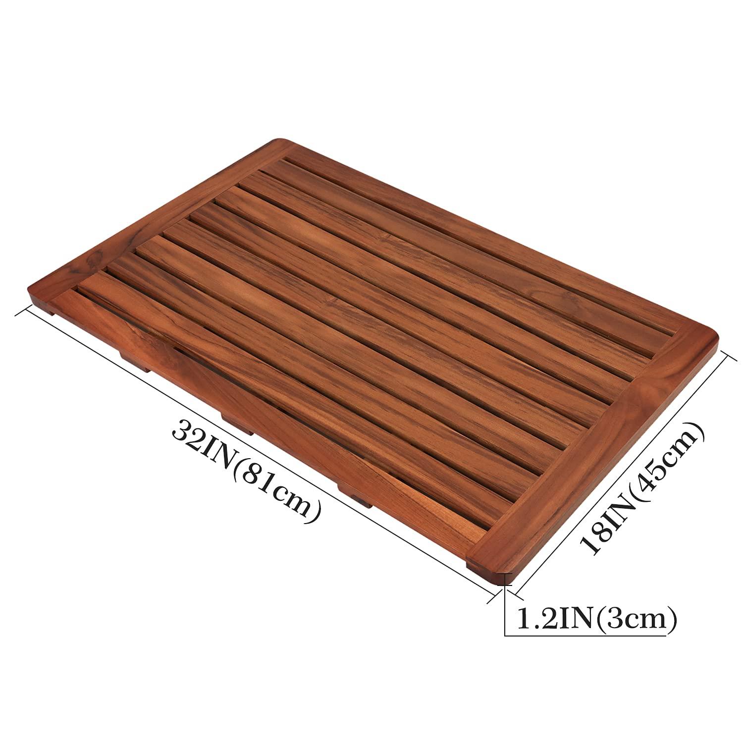 Utoplike Utoplike (32\" x 18\") Teak Wood Bath Mat and Teak Wood Bathroom Shelf Organizer Freestanding Set